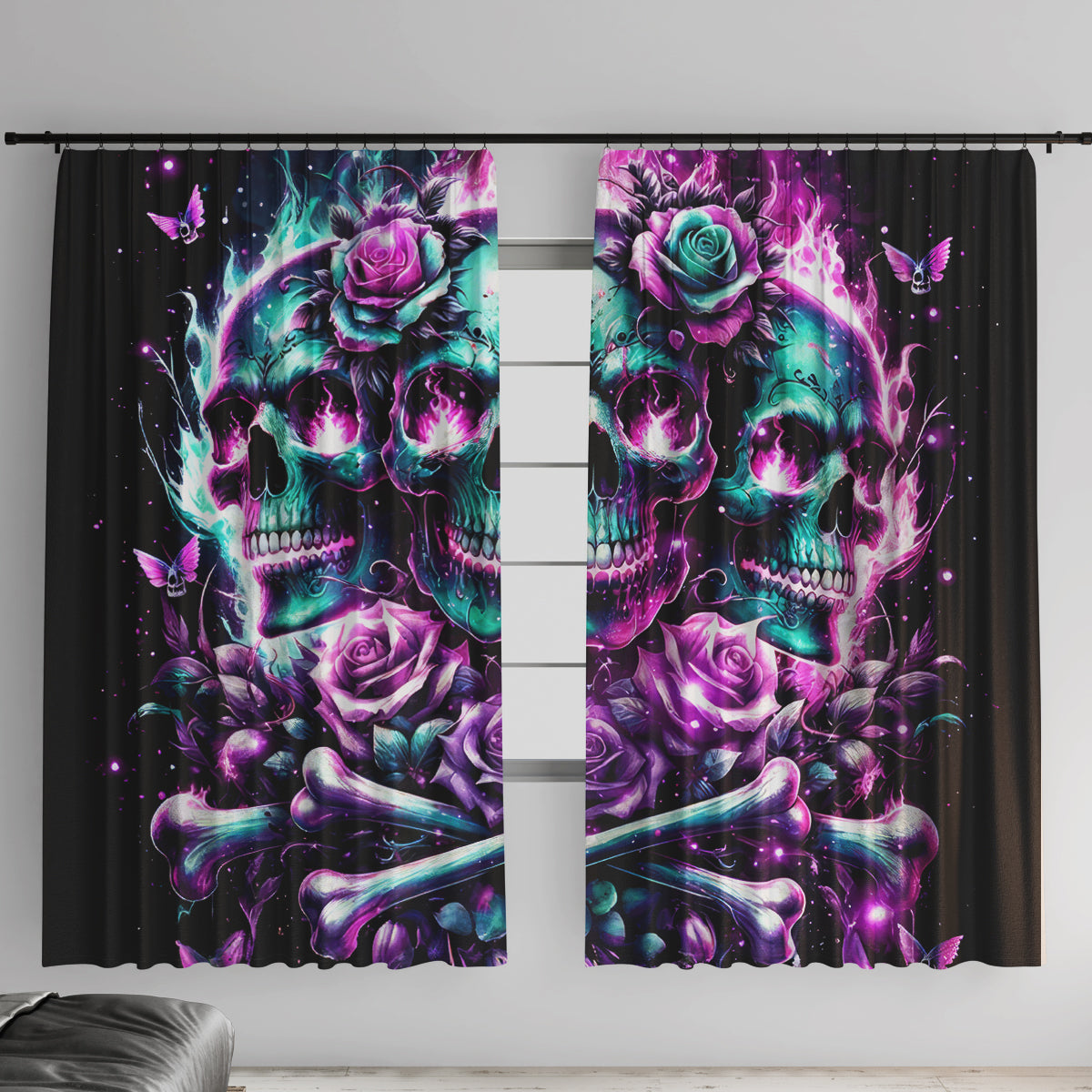 Rose Skull Window Curtain Stuck Between IDK IDC And IDGAF - Wonder Print Shop