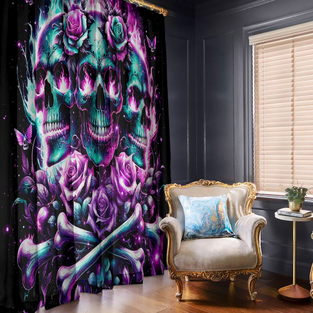 Rose Skull Window Curtain Stuck Between IDK IDC And IDGAF - Wonder Print Shop