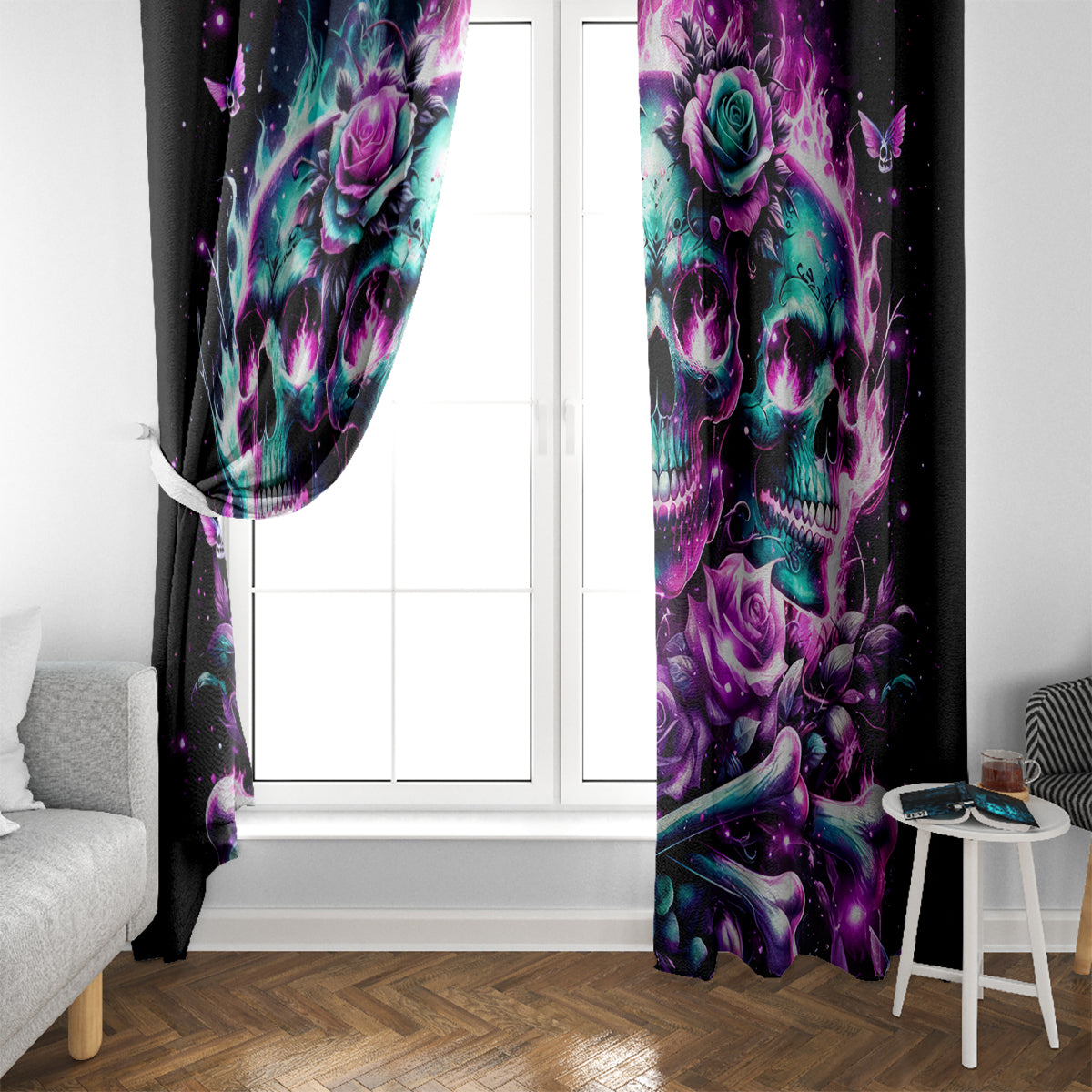 Rose Skull Window Curtain Stuck Between IDK IDC And IDGAF - Wonder Print Shop
