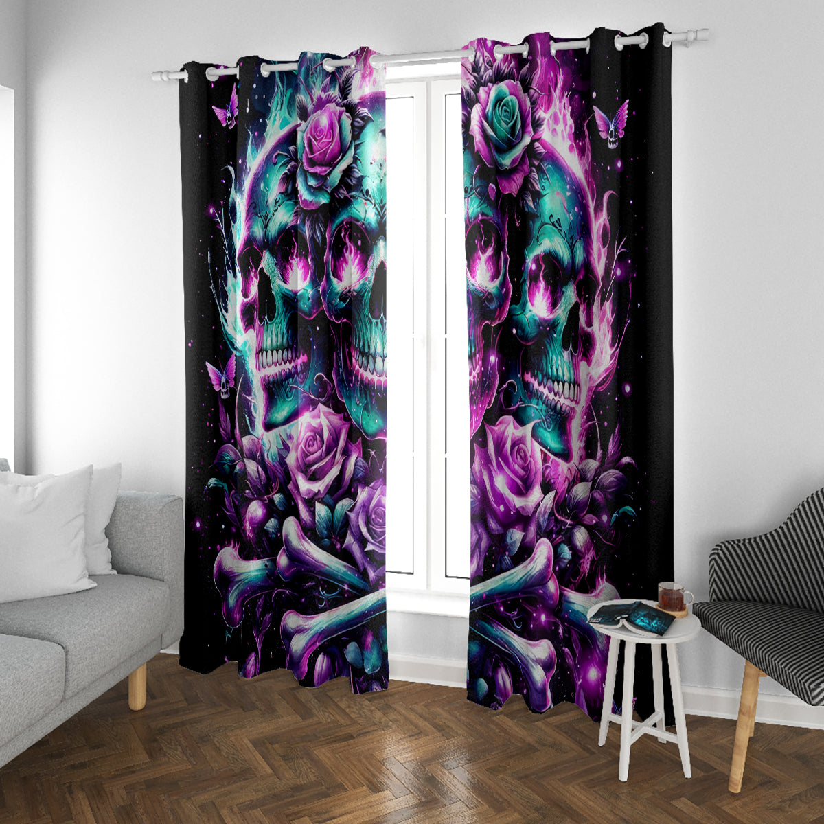 Rose Skull Window Curtain Stuck Between IDK IDC And IDGAF - Wonder Print Shop