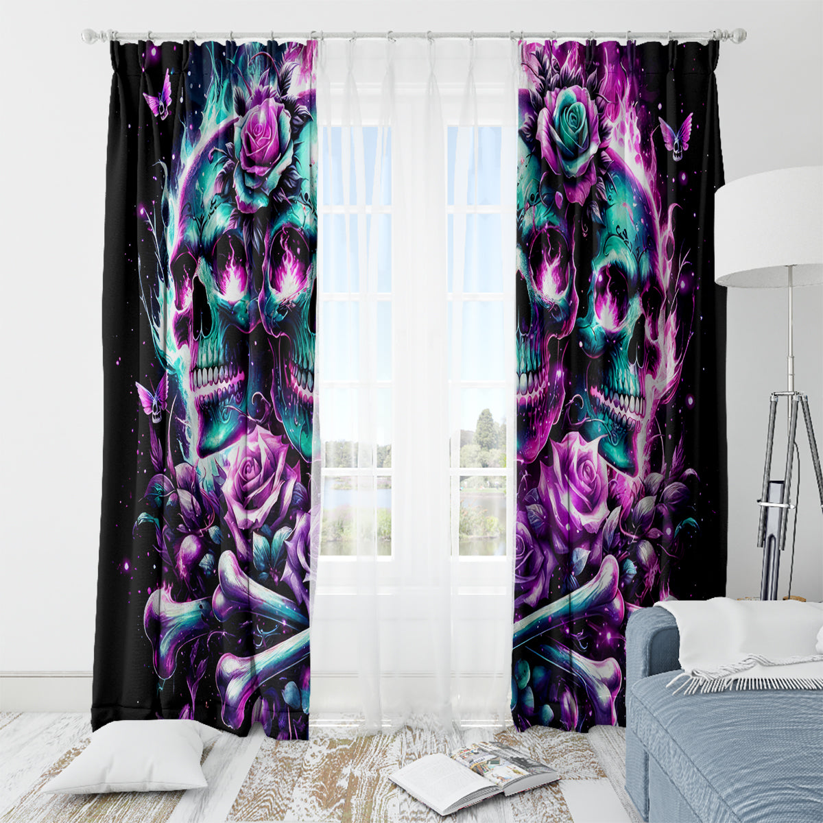Rose Skull Window Curtain Stuck Between IDK IDC And IDGAF - Wonder Print Shop
