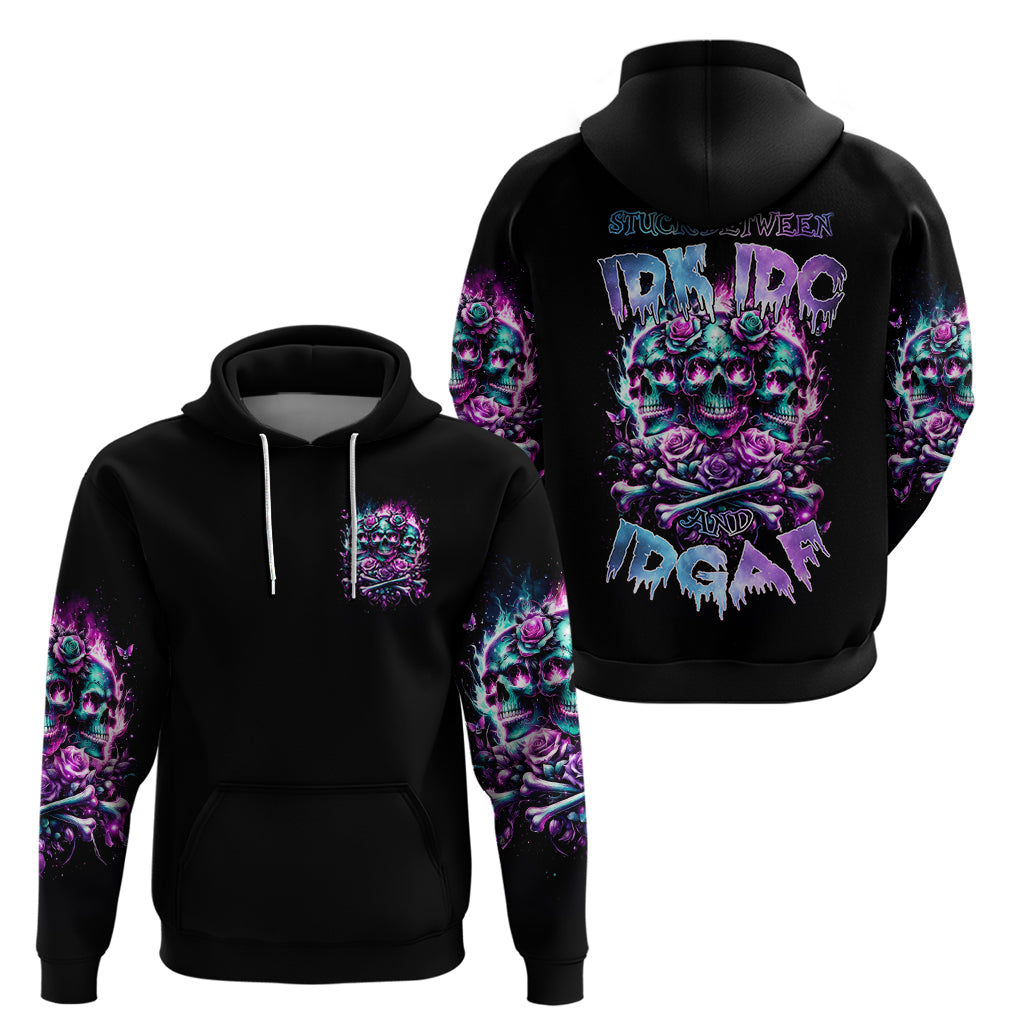 Rose Skull Zip Hoodie Stuck Between IDK IDC And IDGAF - Wonder Print Shop