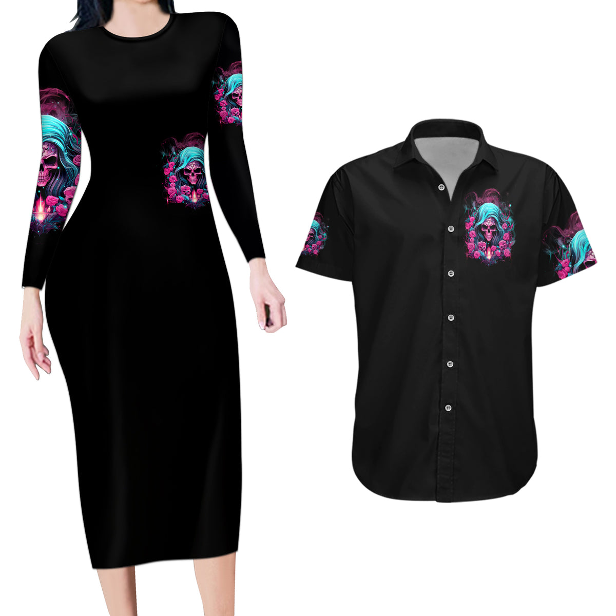 Lady Skull Couples Matching Long Sleeve Bodycon Dress and Hawaiian Shirt The Good Girl In Me Got Tired Of The Bullshit - Wonder Print Shop