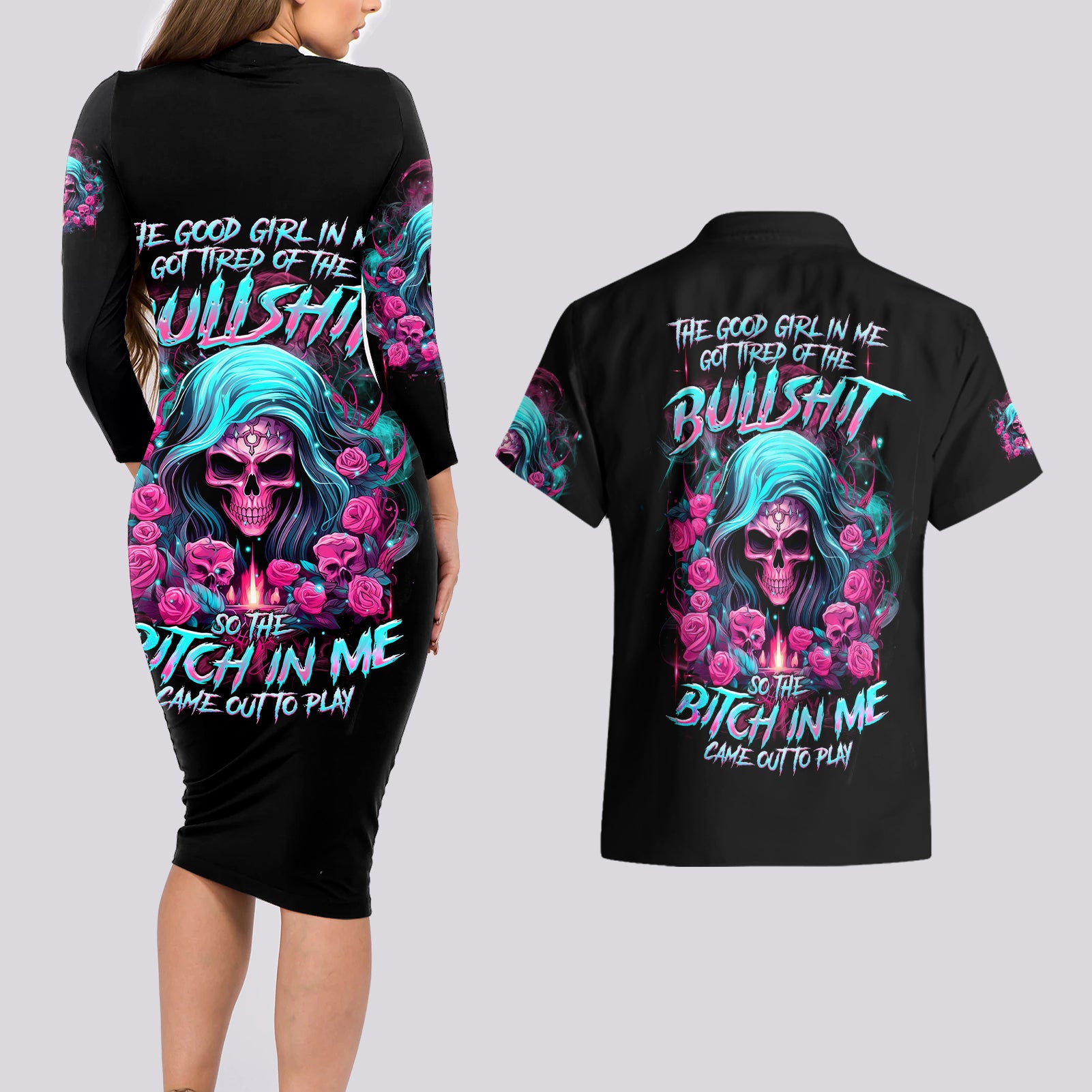 Lady Skull Couples Matching Long Sleeve Bodycon Dress and Hawaiian Shirt The Good Girl In Me Got Tired Of The Bullshit - Wonder Print Shop