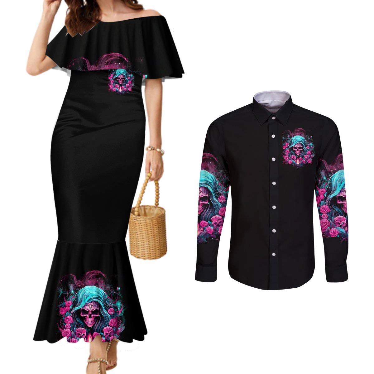 Lady Skull Couples Matching Mermaid Dress and Long Sleeve Button Shirt The Good Girl In Me Got Tired Of The Bullshit