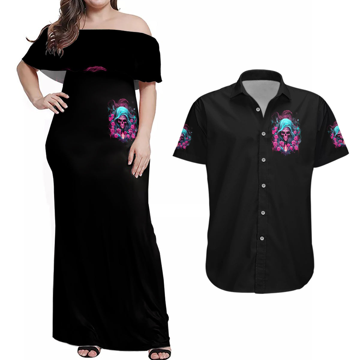 Lady Skull Couples Matching Off Shoulder Maxi Dress and Hawaiian Shirt The Good Girl In Me Got Tired Of The Bullshit - Wonder Print Shop