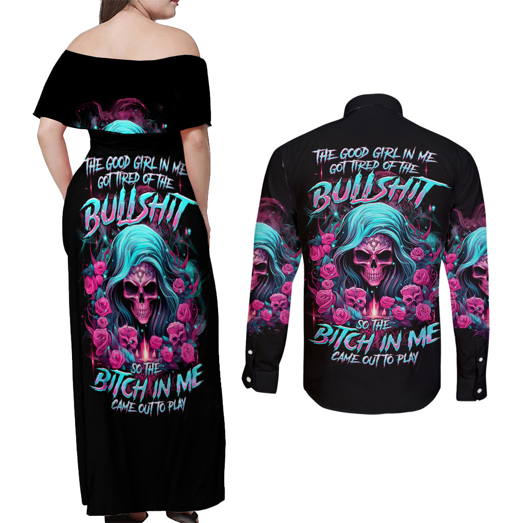Lady Skull Couples Matching Off Shoulder Maxi Dress and Long Sleeve Button Shirt The Good Girl In Me Got Tired Of The Bullshit - Wonder Print Shop