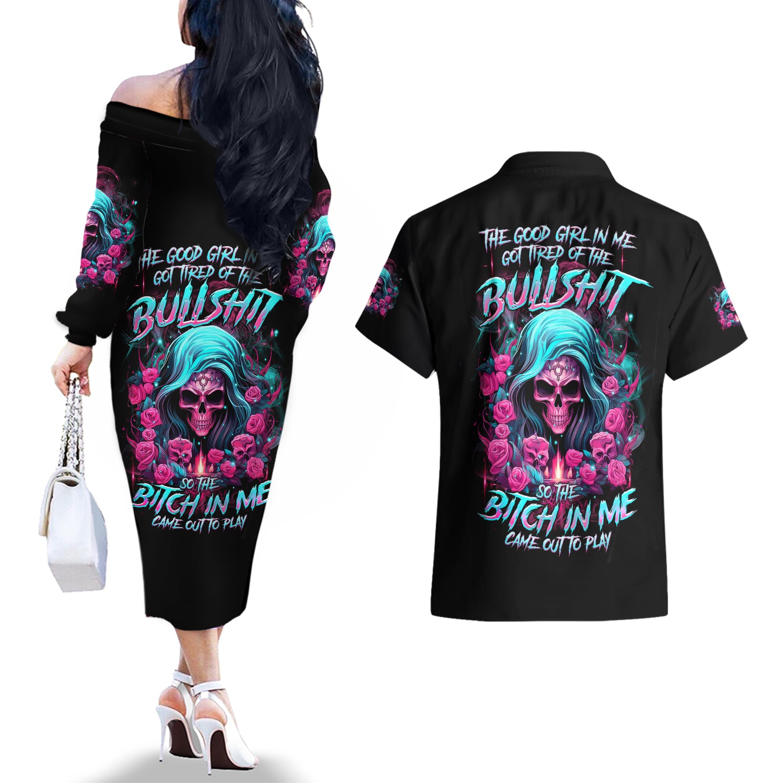 Lady Skull Couples Matching Off The Shoulder Long Sleeve Dress and Hawaiian Shirt The Good Girl In Me Got Tired Of The Bullshit - Wonder Print Shop