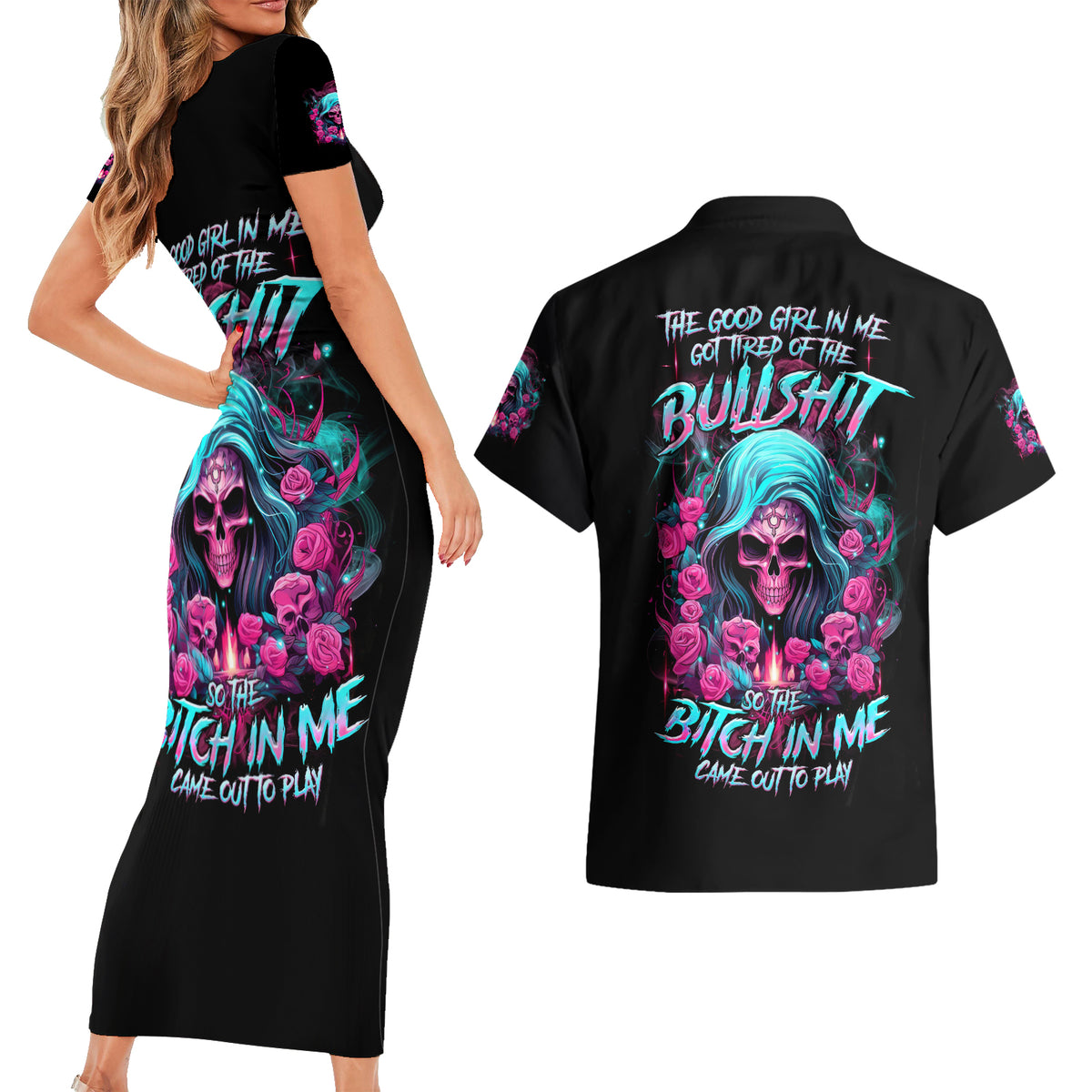 Lady Skull Couples Matching Short Sleeve Bodycon Dress and Hawaiian Shirt The Good Girl In Me Got Tired Of The Bullshit - Wonder Print Shop