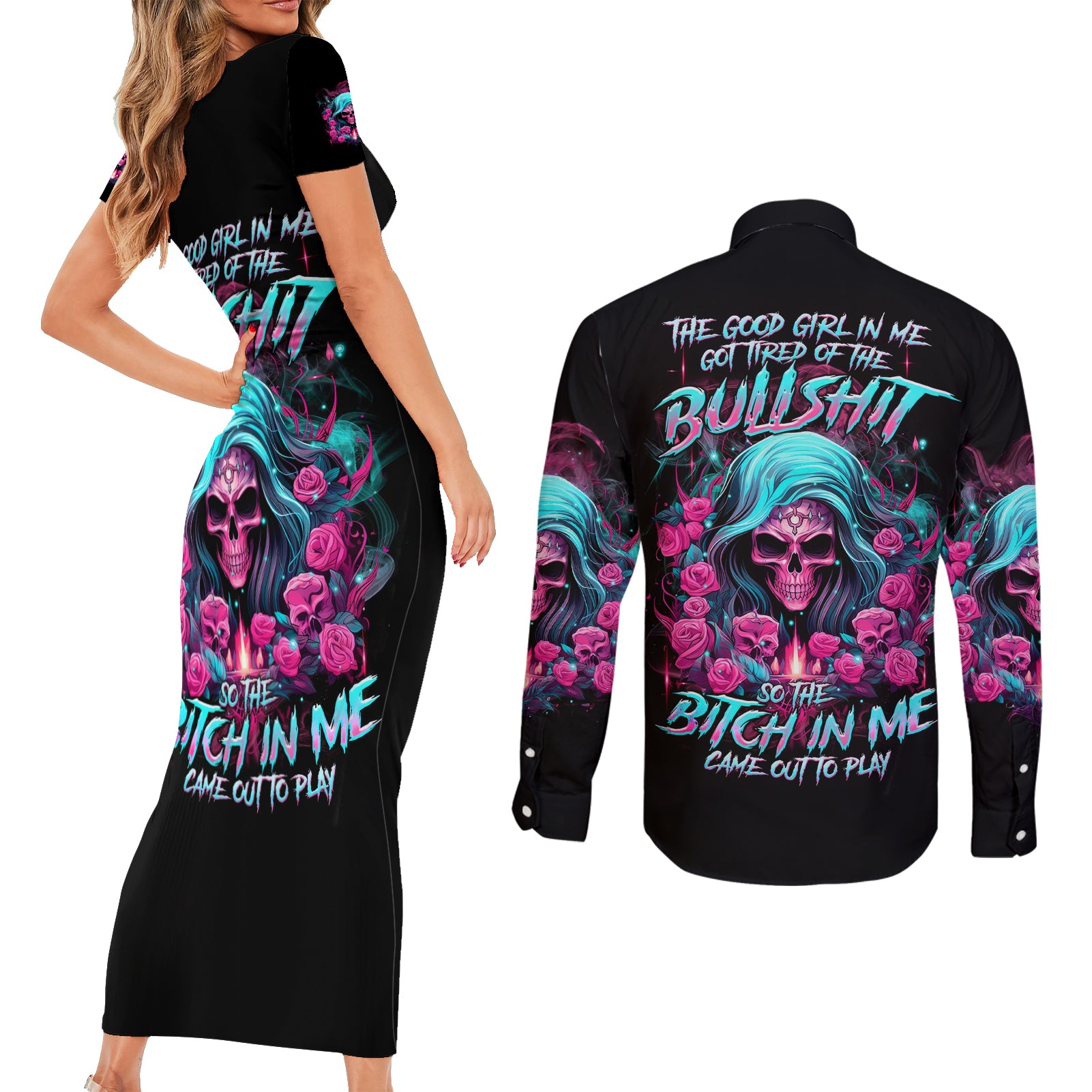 Lady Skull Couples Matching Short Sleeve Bodycon Dress and Long Sleeve Button Shirt The Good Girl In Me Got Tired Of The Bullshit - Wonder Print Shop