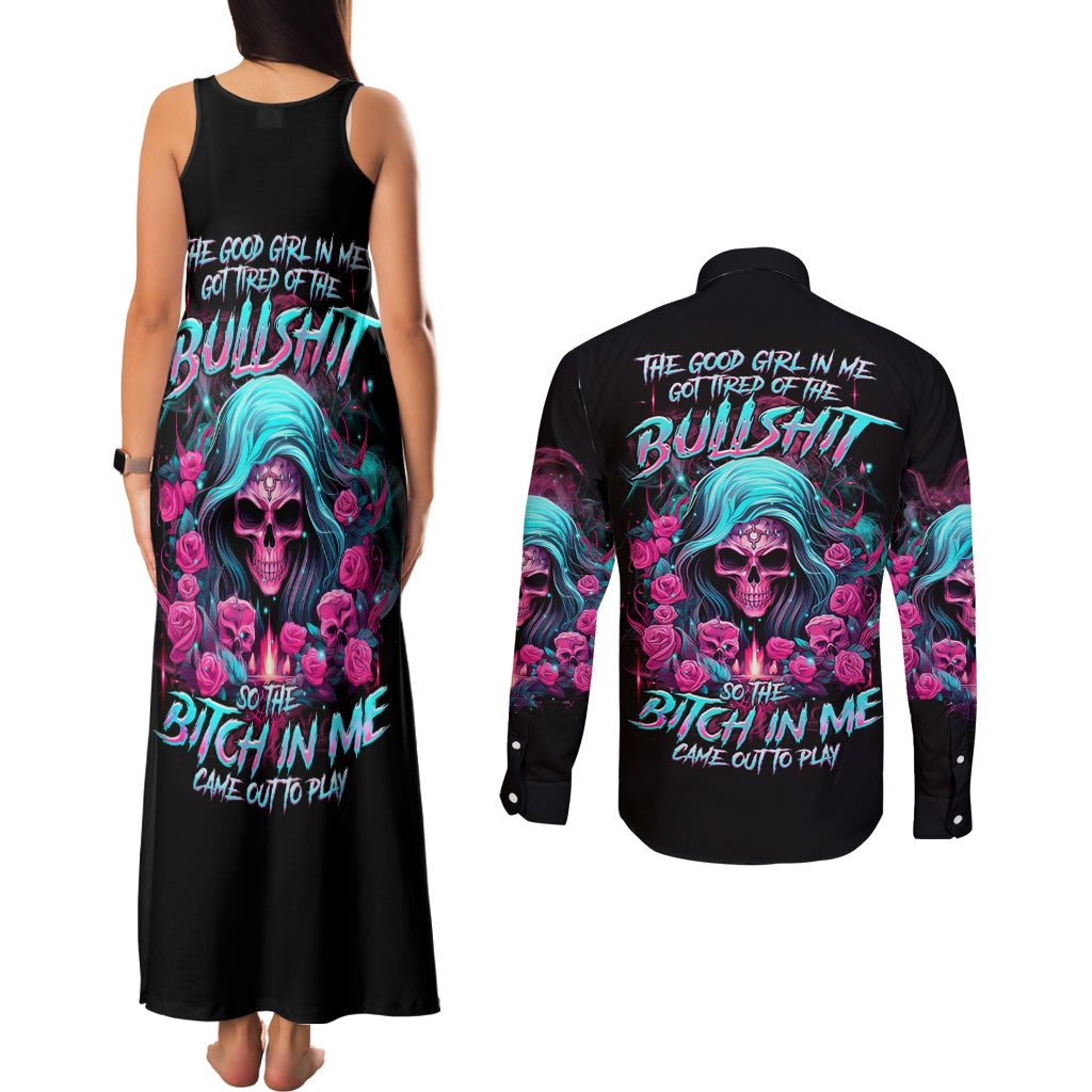 Lady Skull Couples Matching Tank Maxi Dress and Long Sleeve Button Shirt The Good Girl In Me Got Tired Of The Bullshit - Wonder Print Shop