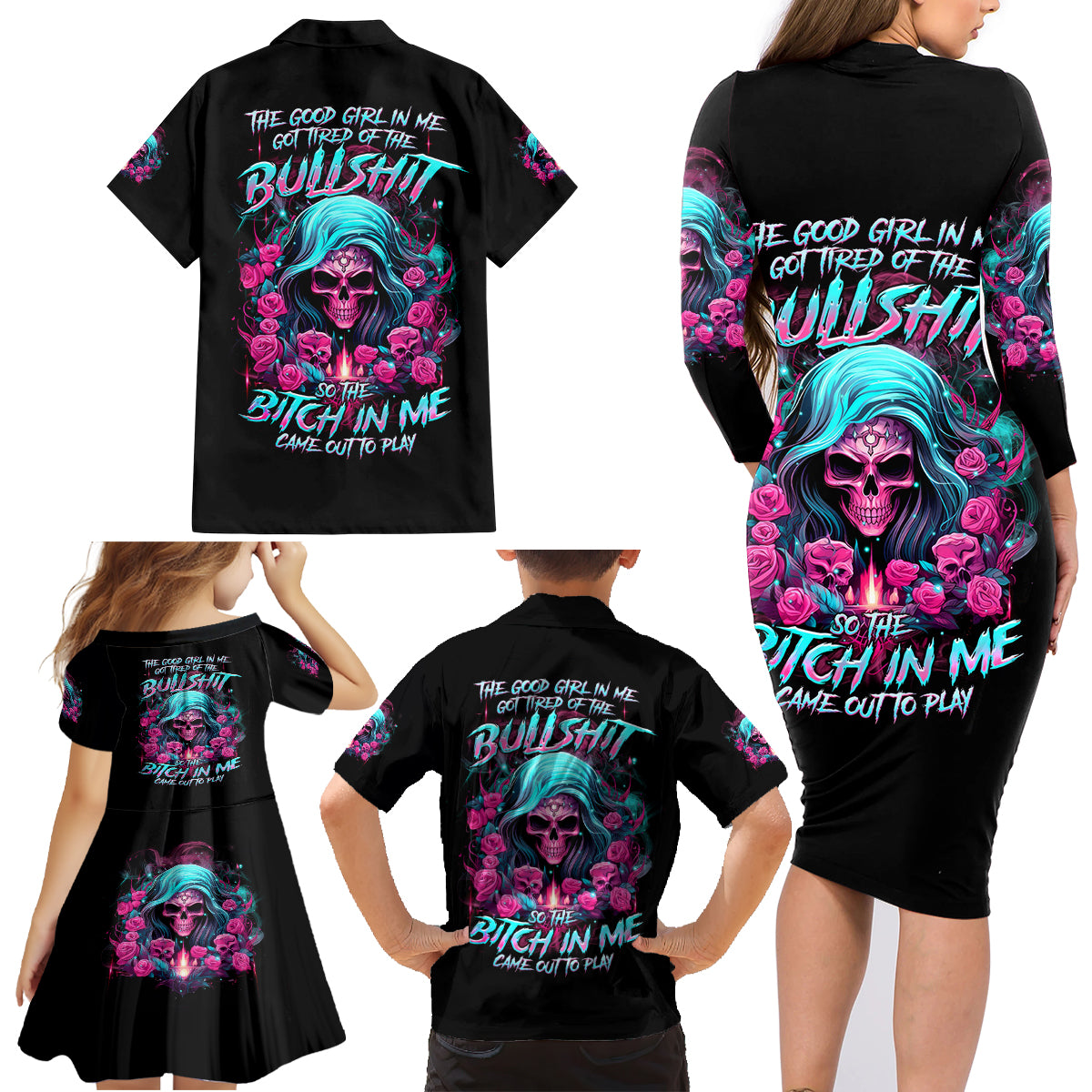 Lady Skull Family Matching Long Sleeve Bodycon Dress and Hawaiian Shirt The Good Girl In Me Got Tired Of The Bullshit - Wonder Print Shop