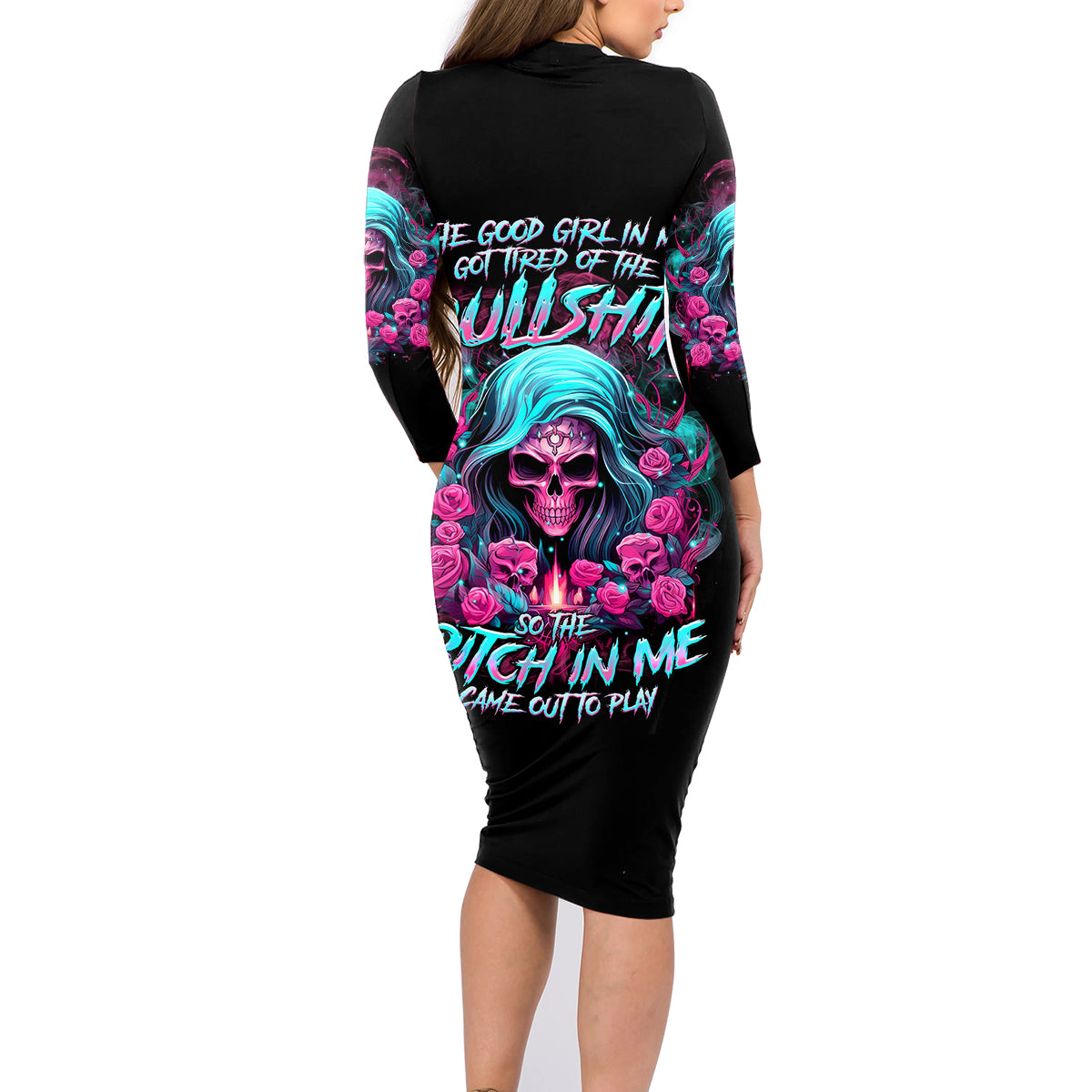 Lady Skull Family Matching Long Sleeve Bodycon Dress and Hawaiian Shirt The Good Girl In Me Got Tired Of The Bullshit - Wonder Print Shop