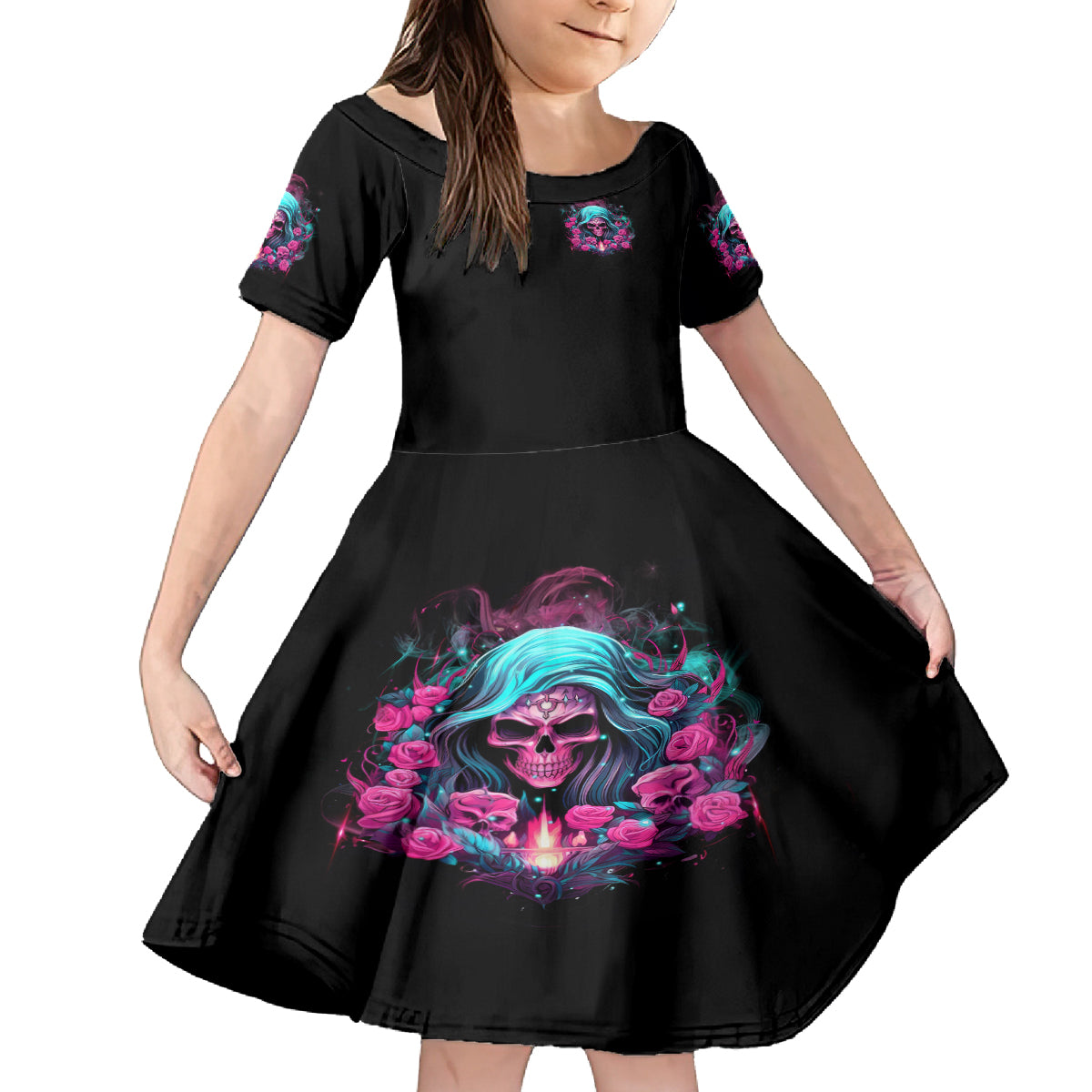 Lady Skull Family Matching Off Shoulder Long Sleeve Dress and Hawaiian Shirt The Good Girl In Me Got Tired Of The Bullshit - Wonder Print Shop