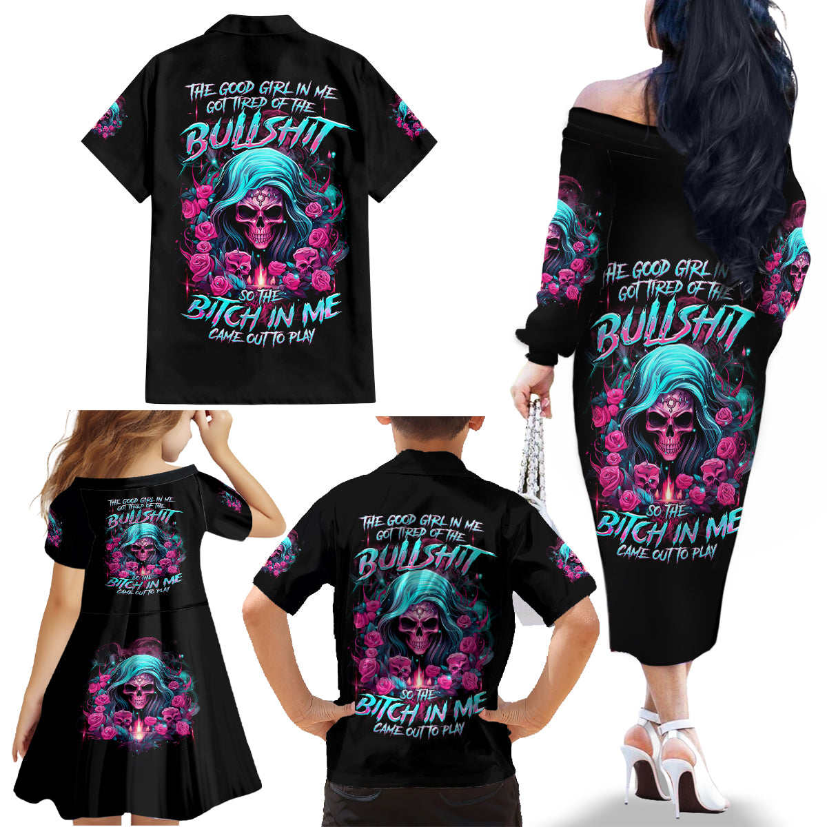 Lady Skull Family Matching Off Shoulder Long Sleeve Dress and Hawaiian Shirt The Good Girl In Me Got Tired Of The Bullshit - Wonder Print Shop