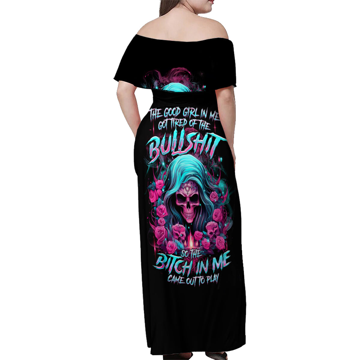 Lady Skull Family Matching Off Shoulder Maxi Dress and Hawaiian Shirt The Good Girl In Me Got Tired Of The Bullshit - Wonder Print Shop