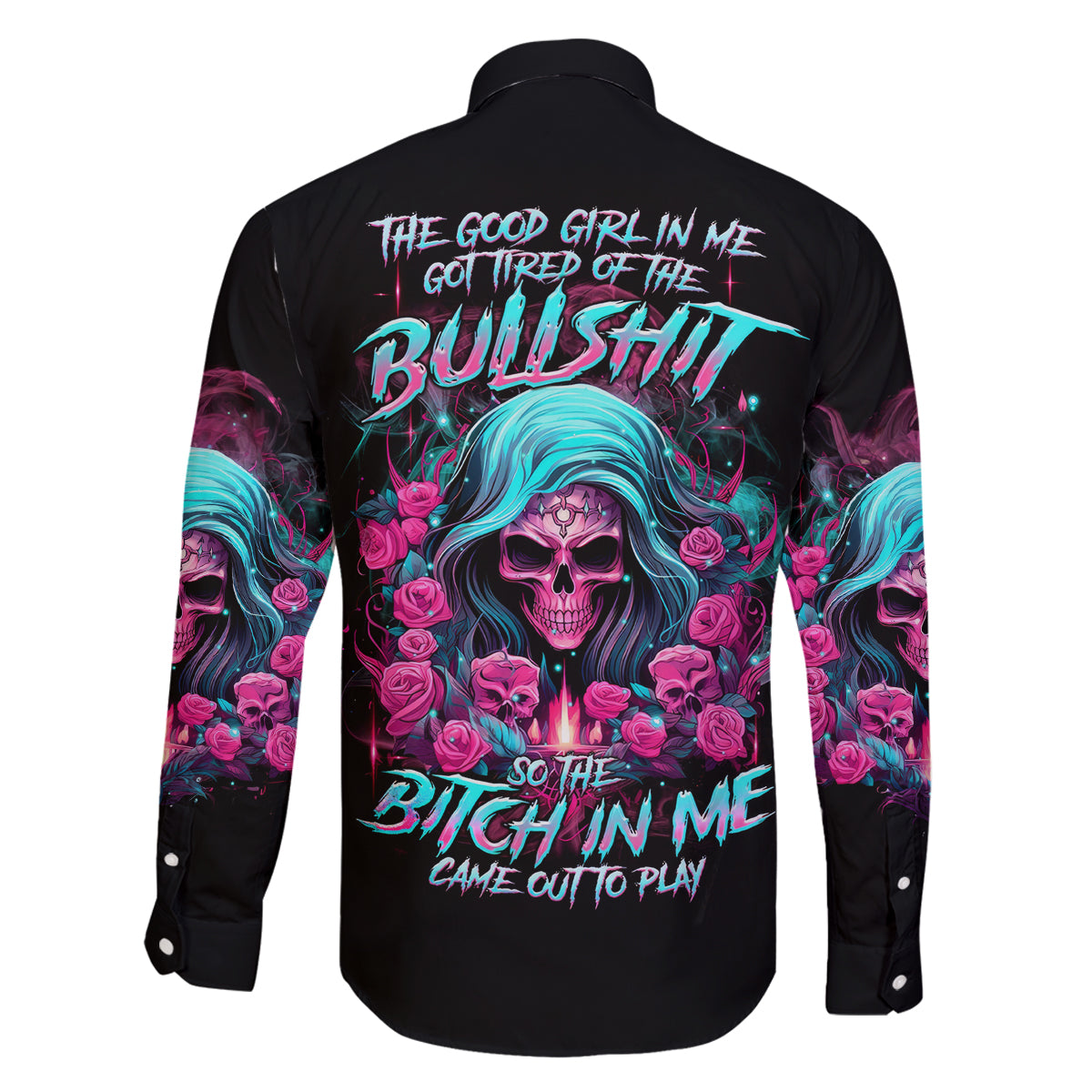 Lady Skull Family Matching Off Shoulder Short Dress and Hawaiian Shirt The Good Girl In Me Got Tired Of The Bullshit - Wonder Print Shop