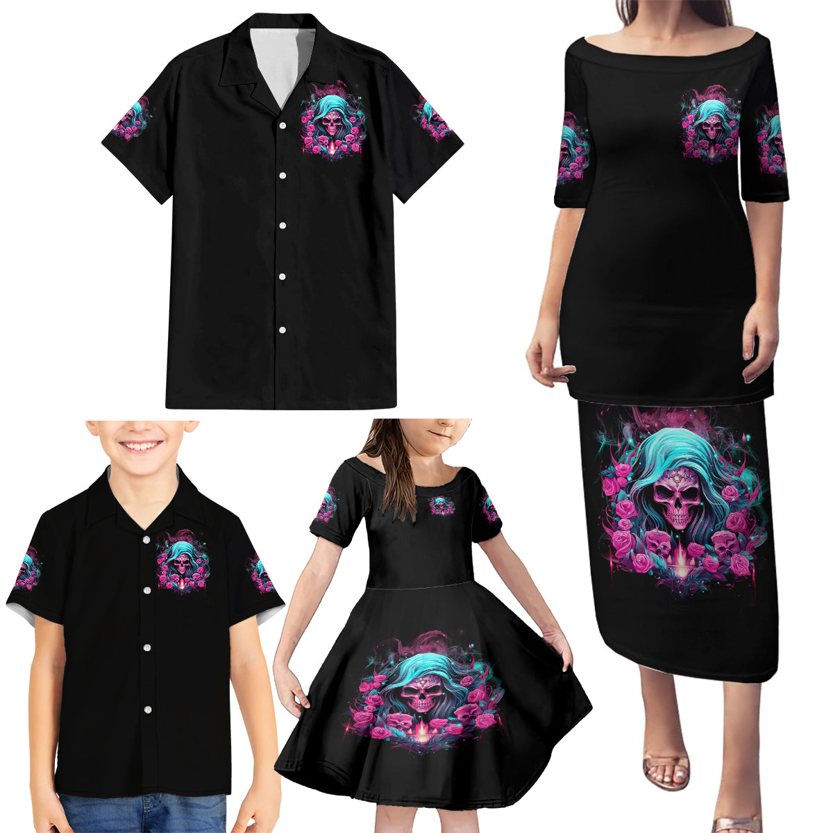 Lady Skull Family Matching Puletasi and Hawaiian Shirt The Good Girl In Me Got Tired Of The Bullshit - Wonder Print Shop