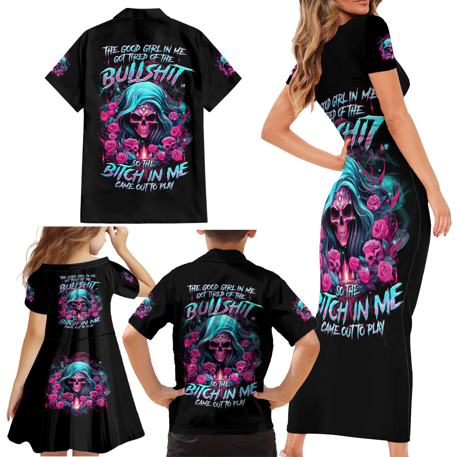 Lady Skull Family Matching Short Sleeve Bodycon Dress and Hawaiian Shirt The Good Girl In Me Got Tired Of The Bullshit - Wonder Print Shop