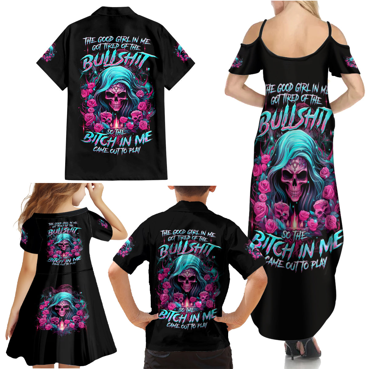 Lady Skull Family Matching Summer Maxi Dress and Hawaiian Shirt The Good Girl In Me Got Tired Of The Bullshit - Wonder Print Shop