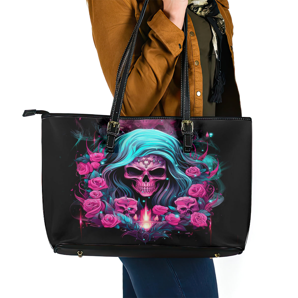 Lady Skull Leather Tote Bag The Good Girl In Me Got Tired Of The Bullshit - Wonder Print Shop