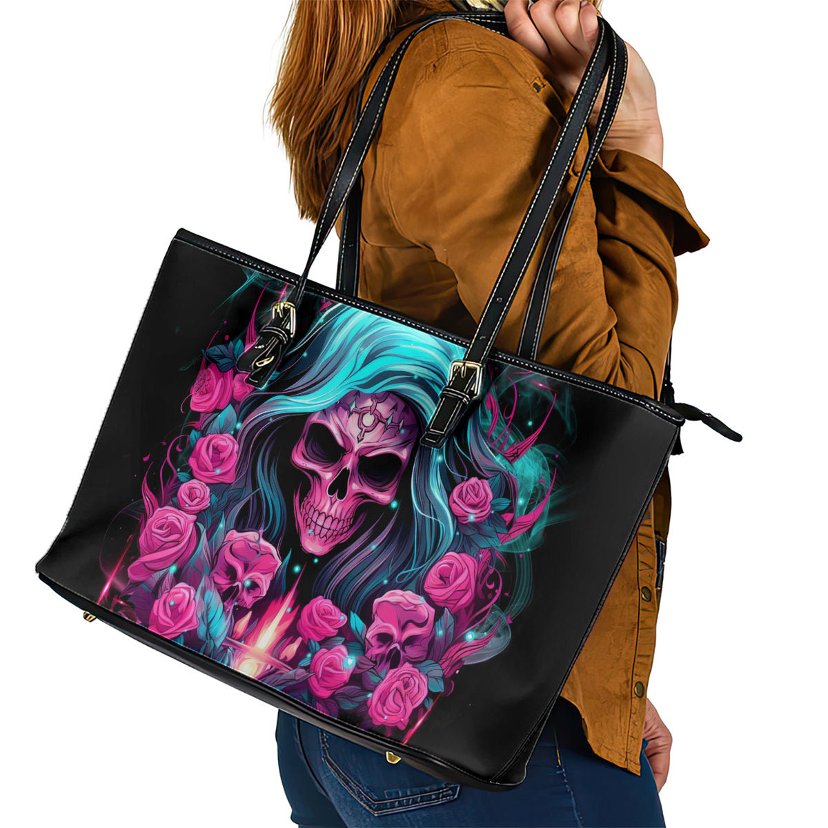 Lady Skull Leather Tote Bag The Good Girl In Me Got Tired Of The Bullshit - Wonder Print Shop