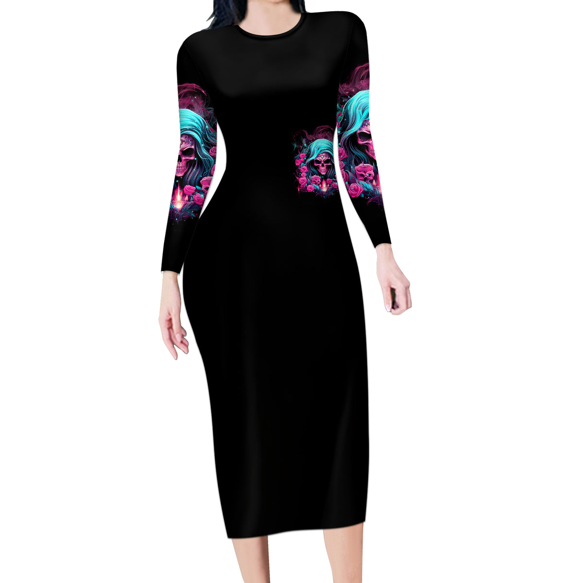 Lady Skull Long Sleeve Bodycon Dress The Good Girl In Me Got Tired Of The Bullshit - Wonder Print Shop