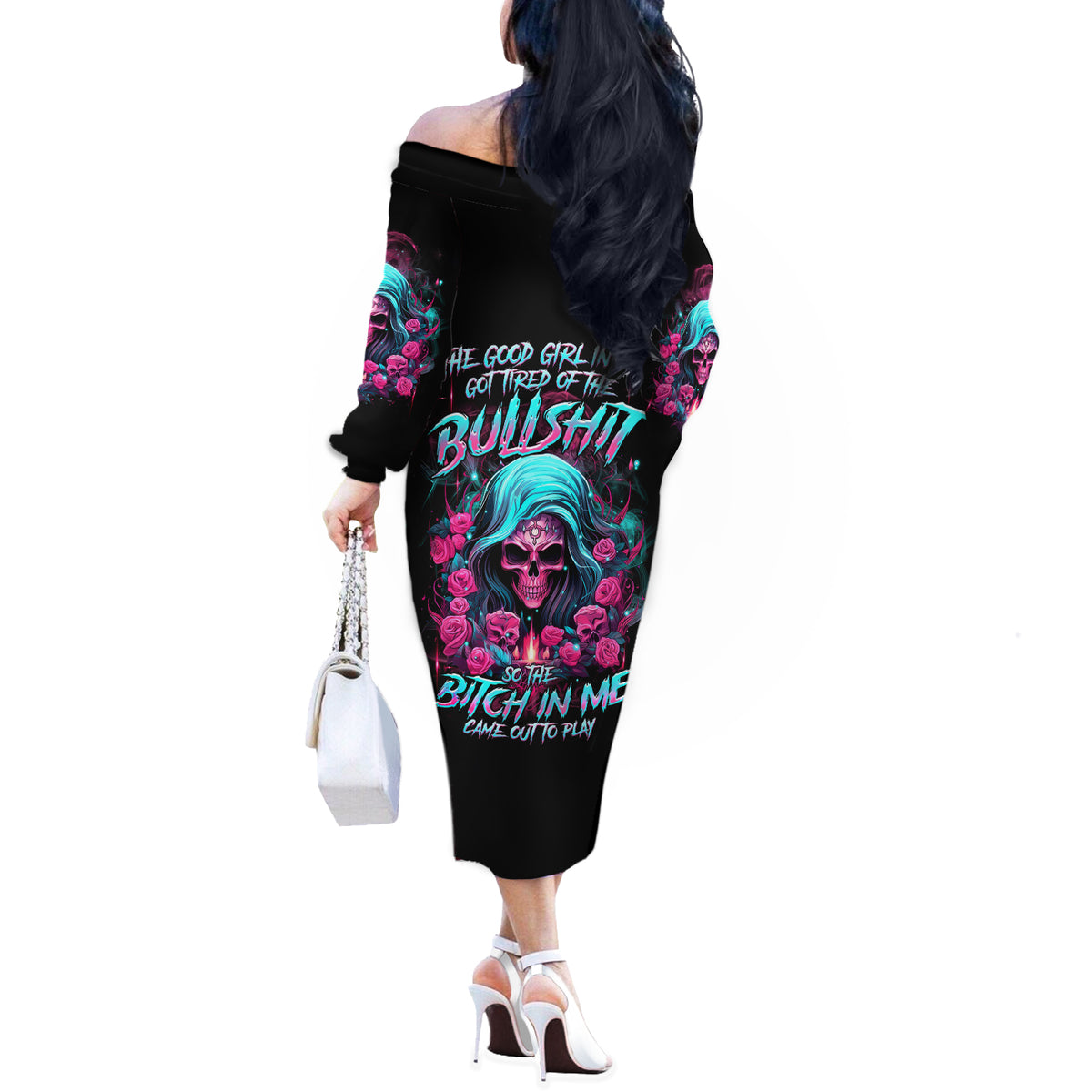 Lady Skull Off The Shoulder Long Sleeve Dress The Good Girl In Me Got Tired Of The Bullshit - Wonder Print Shop