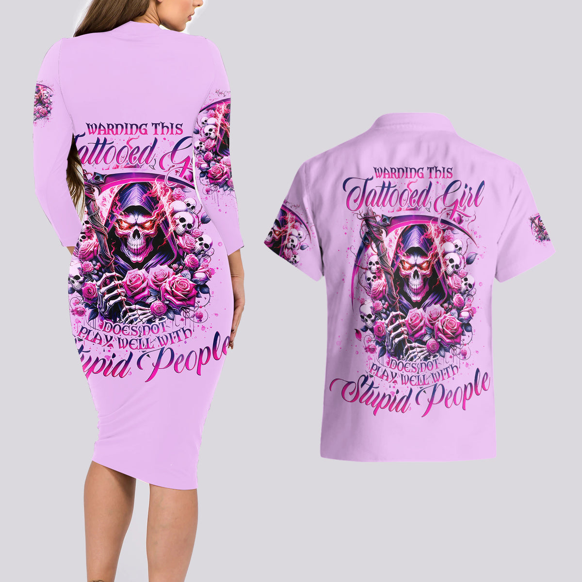Reaper Skull Couples Matching Long Sleeve Bodycon Dress and Hawaiian Shirt Warning This Tattooed Girl Doesn't Play Well With Stupid People - Wonder Print Shop