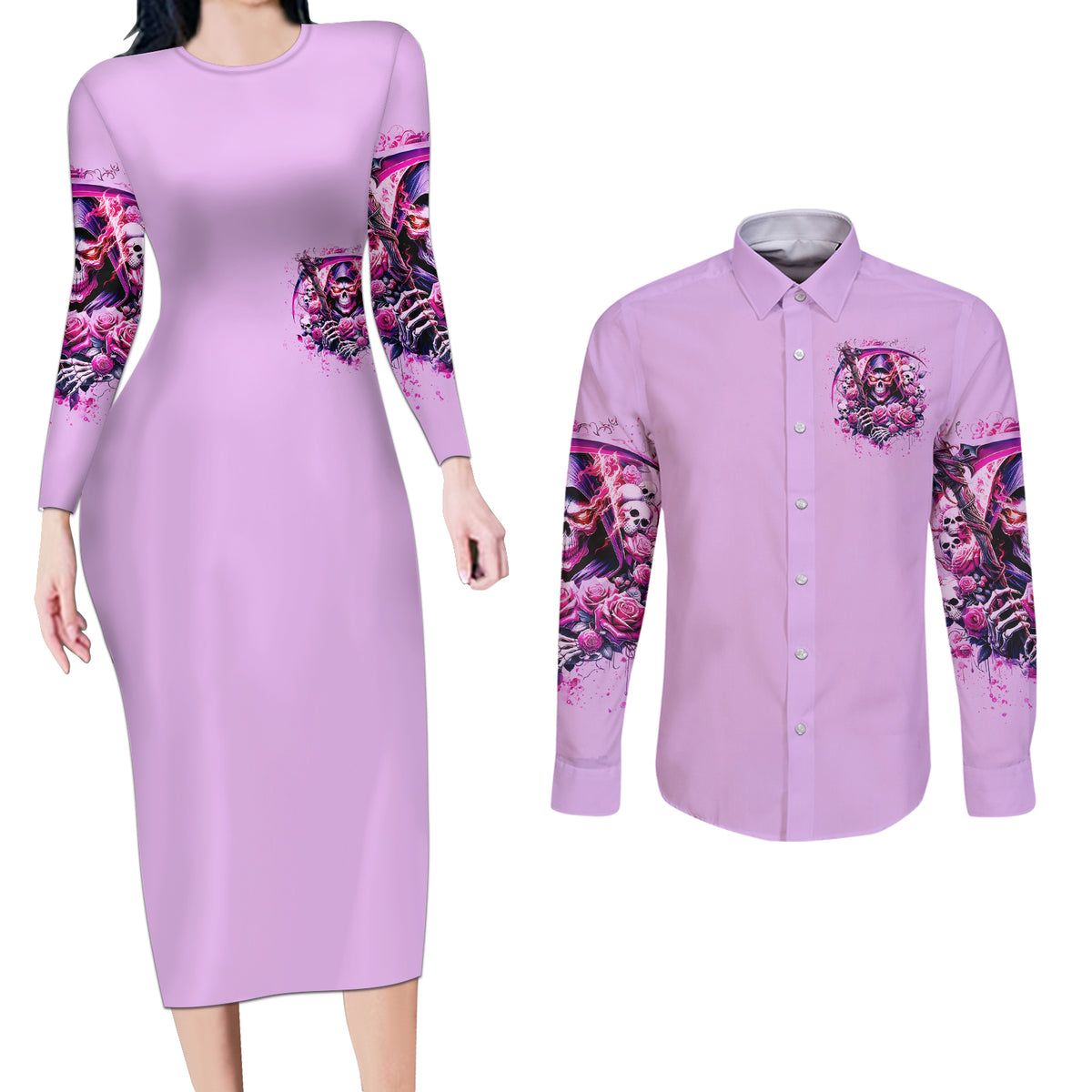 Reaper Skull Couples Matching Long Sleeve Bodycon Dress and Long Sleeve Button Shirt Warning This Tattooed Girl Doesn't Play Well With Stupid People - Wonder Print Shop