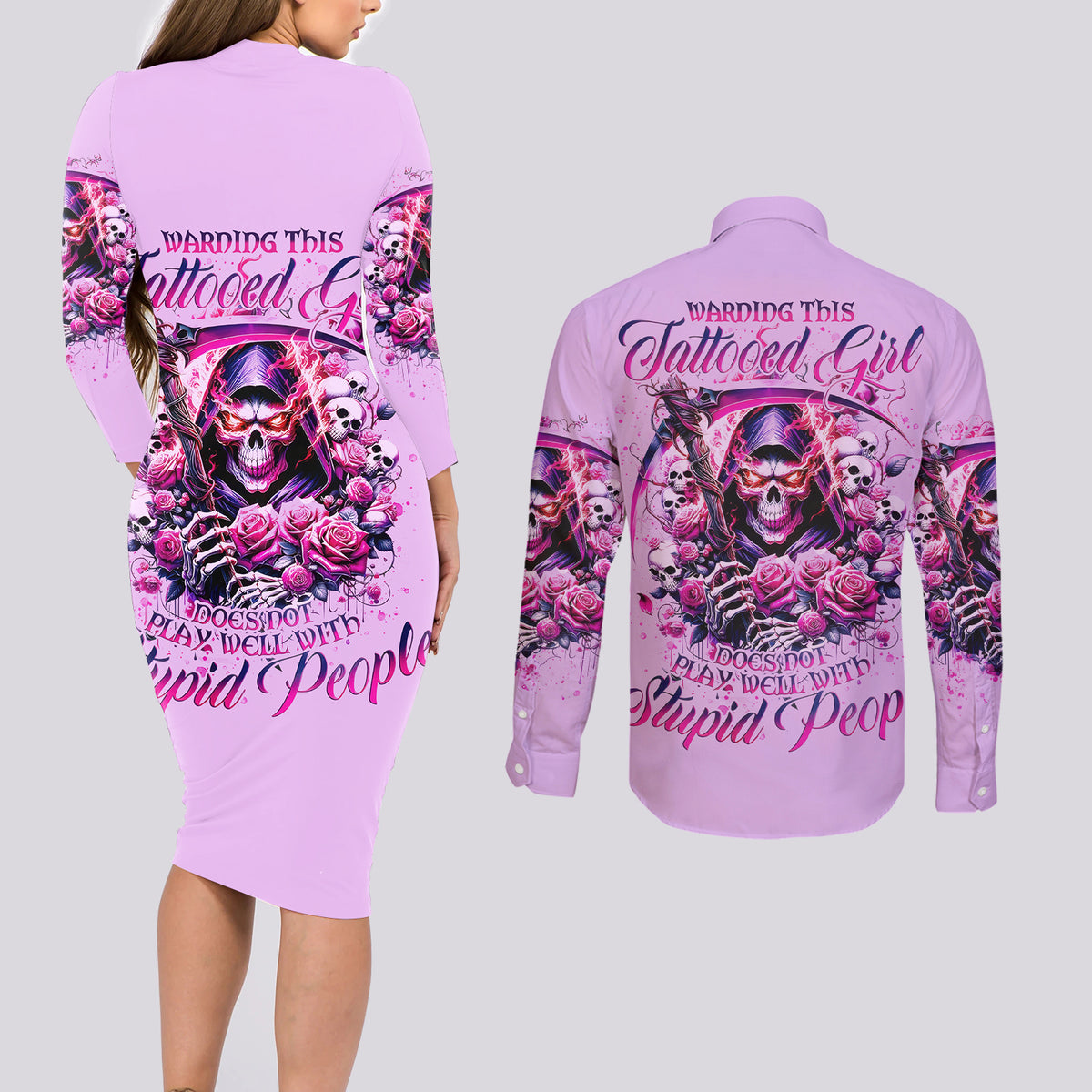 Reaper Skull Couples Matching Long Sleeve Bodycon Dress and Long Sleeve Button Shirt Warning This Tattooed Girl Doesn't Play Well With Stupid People - Wonder Print Shop