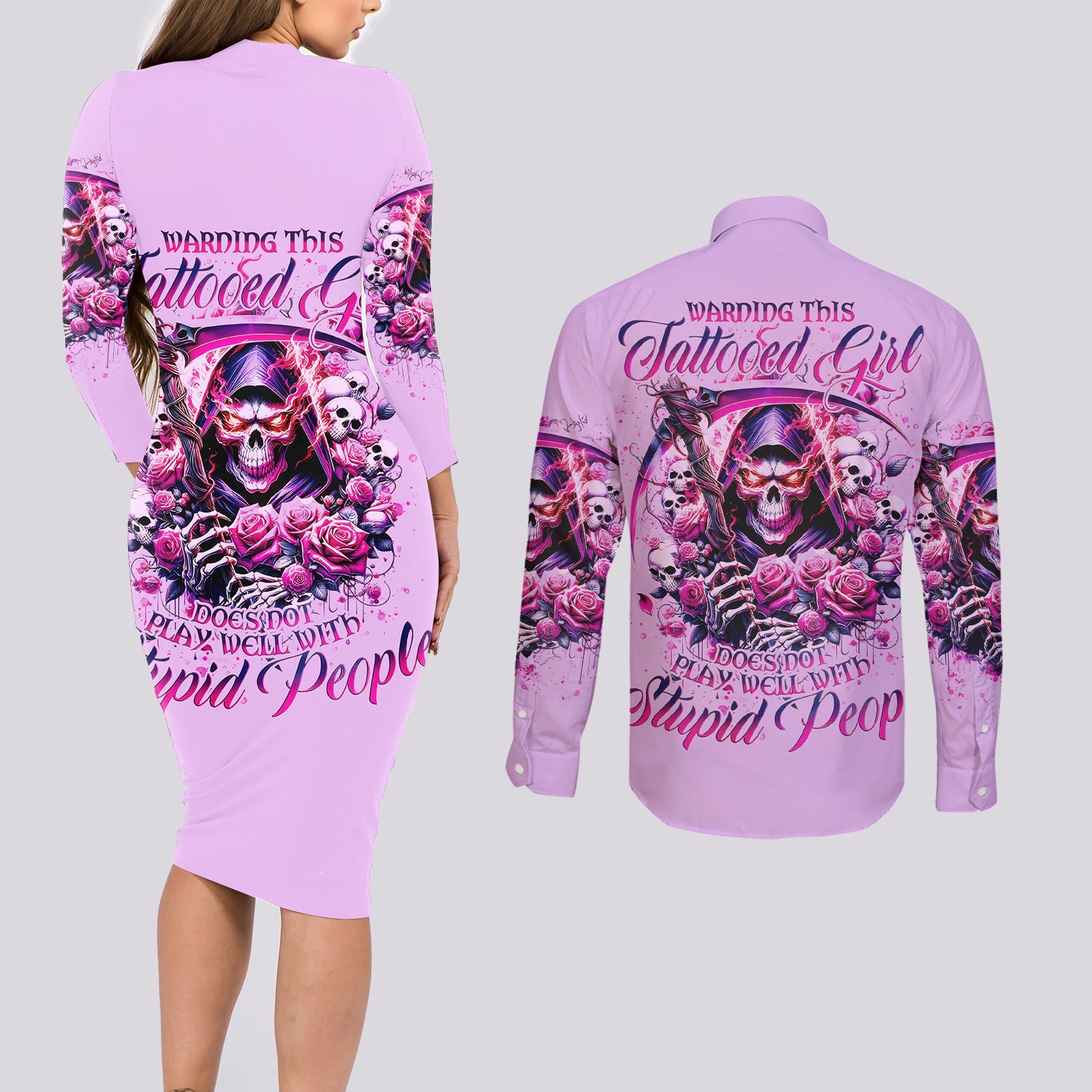Reaper Skull Couples Matching Long Sleeve Bodycon Dress and Long Sleeve Button Shirt Warning This Tattooed Girl Doesn't Play Well With Stupid People - Wonder Print Shop
