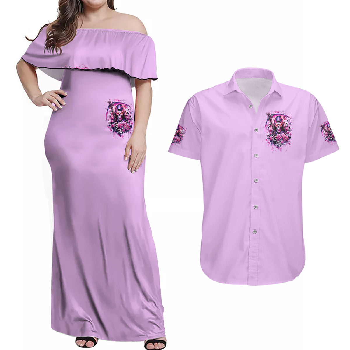 Reaper Skull Couples Matching Off Shoulder Maxi Dress and Hawaiian Shirt Warning This Tattooed Girl Doesn't Play Well With Stupid People - Wonder Print Shop
