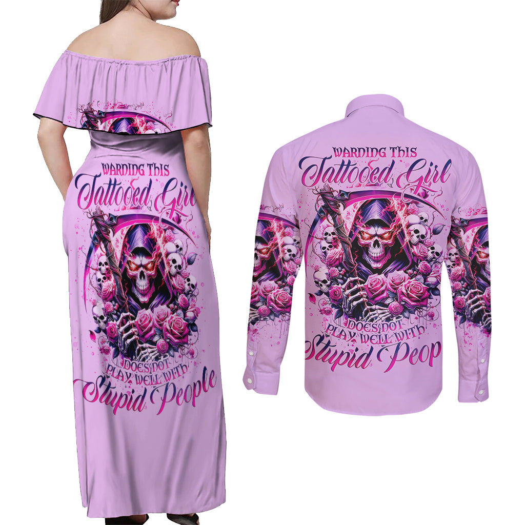 Reaper Skull Couples Matching Off Shoulder Maxi Dress and Long Sleeve Button Shirt Warning This Tattooed Girl Doesn't Play Well With Stupid People - Wonder Print Shop