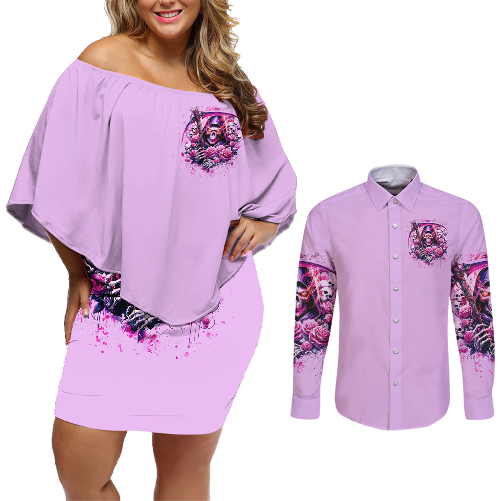 Reaper Skull Couples Matching Off Shoulder Short Dress and Long Sleeve Button Shirt Warning This Tattooed Girl Doesn't Play Well With Stupid People - Wonder Print Shop