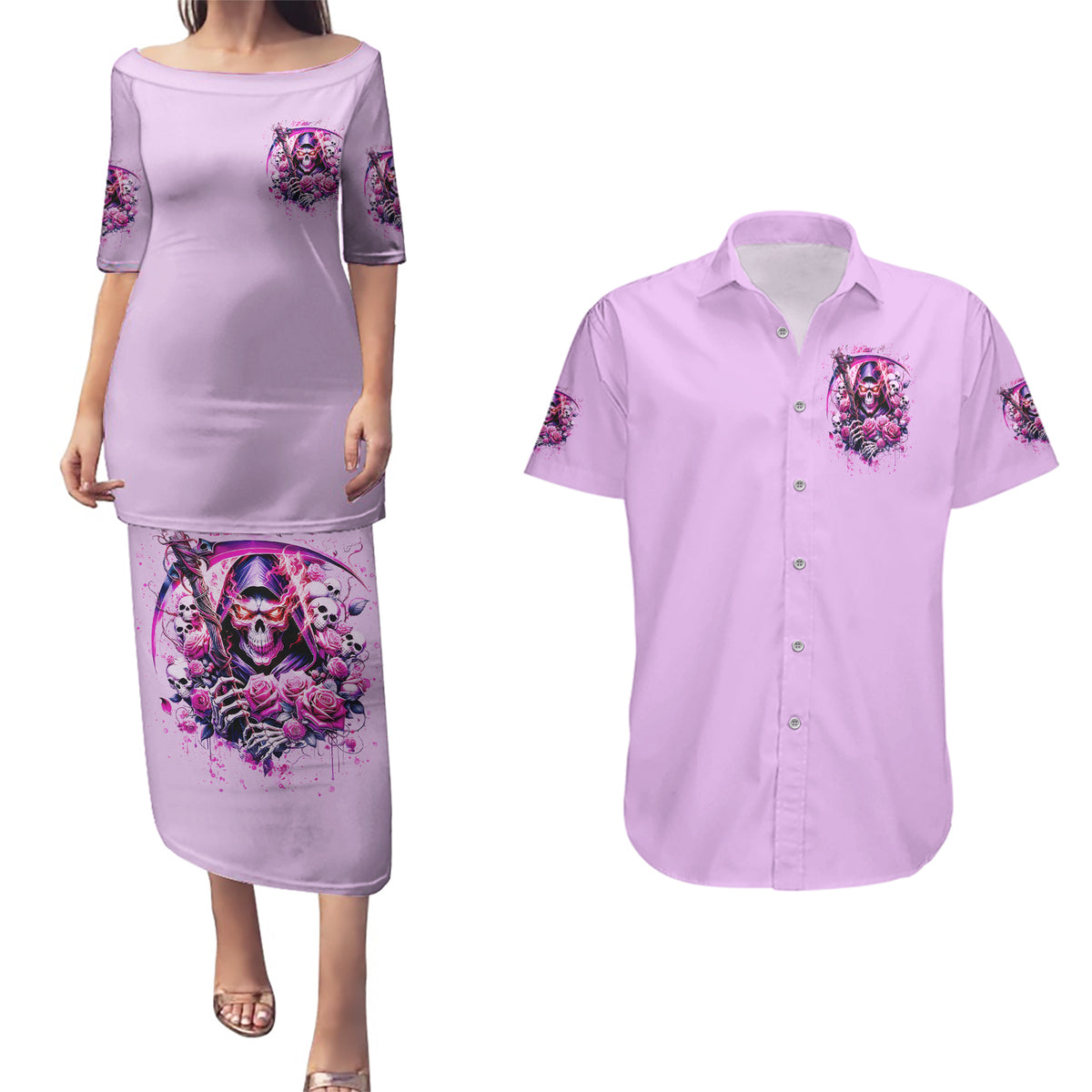 Reaper Skull Couples Matching Puletasi and Hawaiian Shirt Warning This Tattooed Girl Doesn't Play Well With Stupid People - Wonder Print Shop