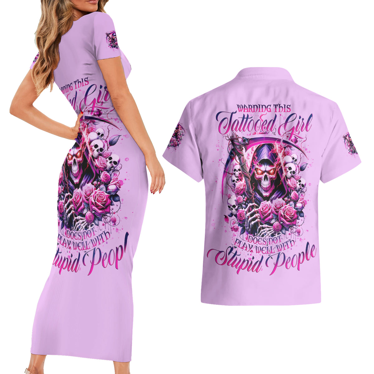 Reaper Skull Couples Matching Short Sleeve Bodycon Dress and Hawaiian Shirt Warning This Tattooed Girl Doesn't Play Well With Stupid People - Wonder Print Shop