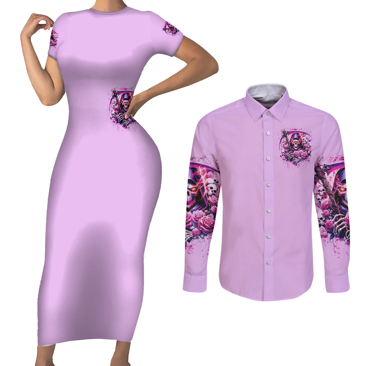 Reaper Skull Couples Matching Short Sleeve Bodycon Dress and Long Sleeve Button Shirt Warning This Tattooed Girl Doesn't Play Well With Stupid People - Wonder Print Shop