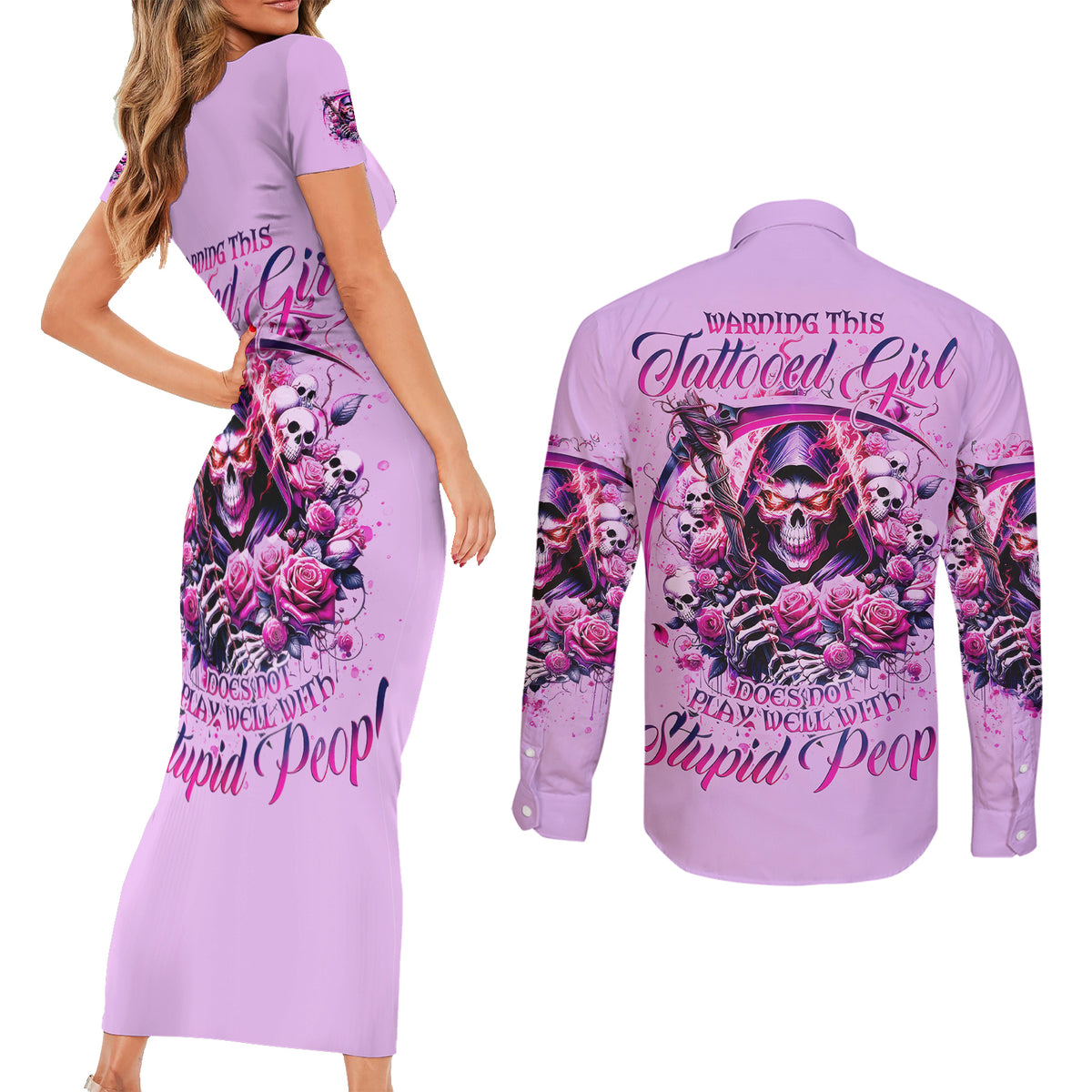 Reaper Skull Couples Matching Short Sleeve Bodycon Dress and Long Sleeve Button Shirt Warning This Tattooed Girl Doesn't Play Well With Stupid People - Wonder Print Shop