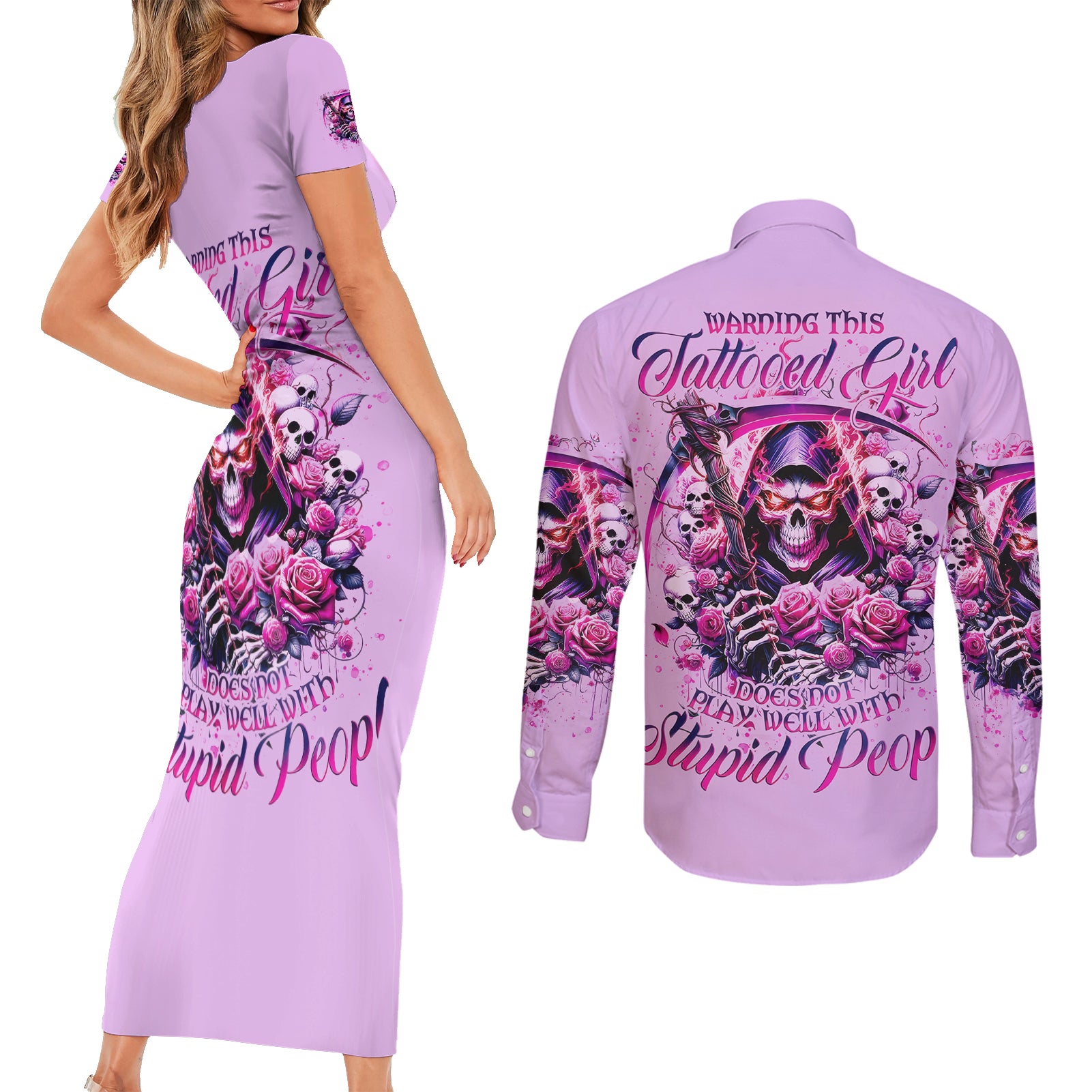 Reaper Skull Couples Matching Short Sleeve Bodycon Dress and Long Sleeve Button Shirt Warning This Tattooed Girl Doesn't Play Well With Stupid People - Wonder Print Shop