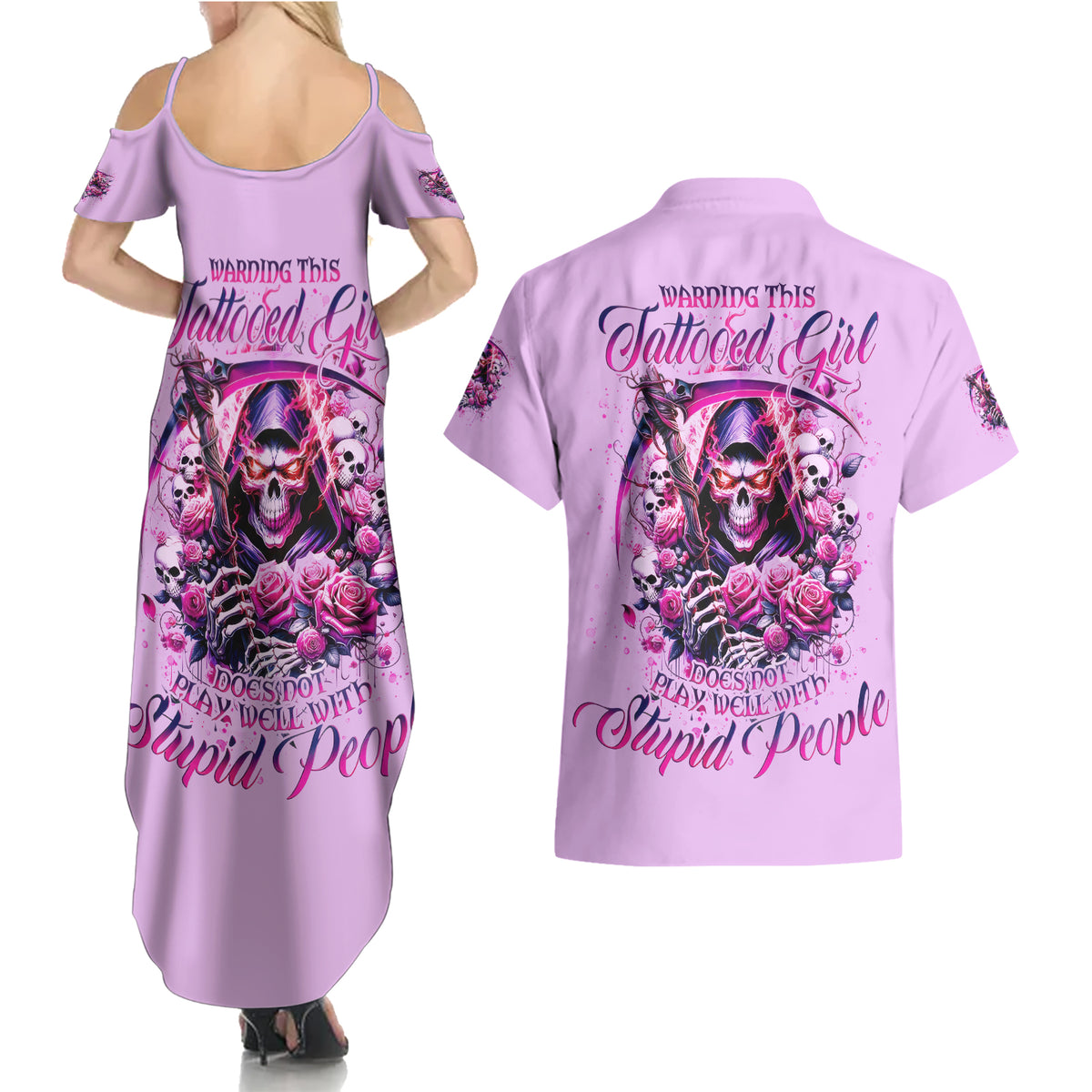 Reaper Skull Couples Matching Summer Maxi Dress and Hawaiian Shirt Warning This Tattooed Girl Doesn't Play Well With Stupid People - Wonder Print Shop