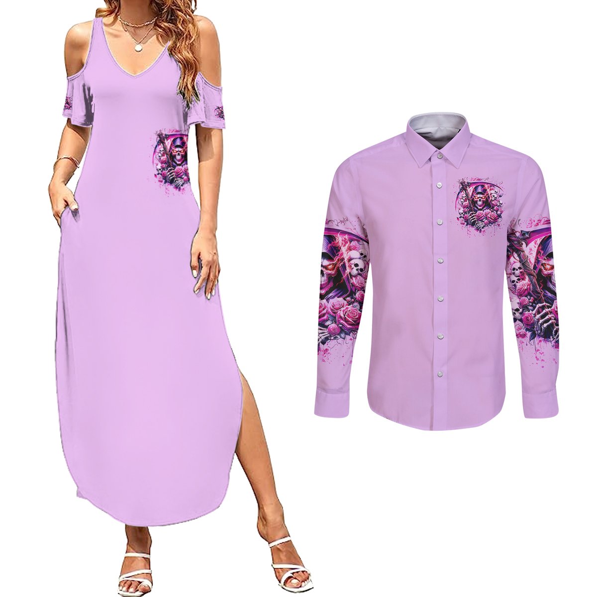Reaper Skull Couples Matching Summer Maxi Dress and Long Sleeve Button Shirt Warning This Tattooed Girl Doesn't Play Well With Stupid People - Wonder Print Shop