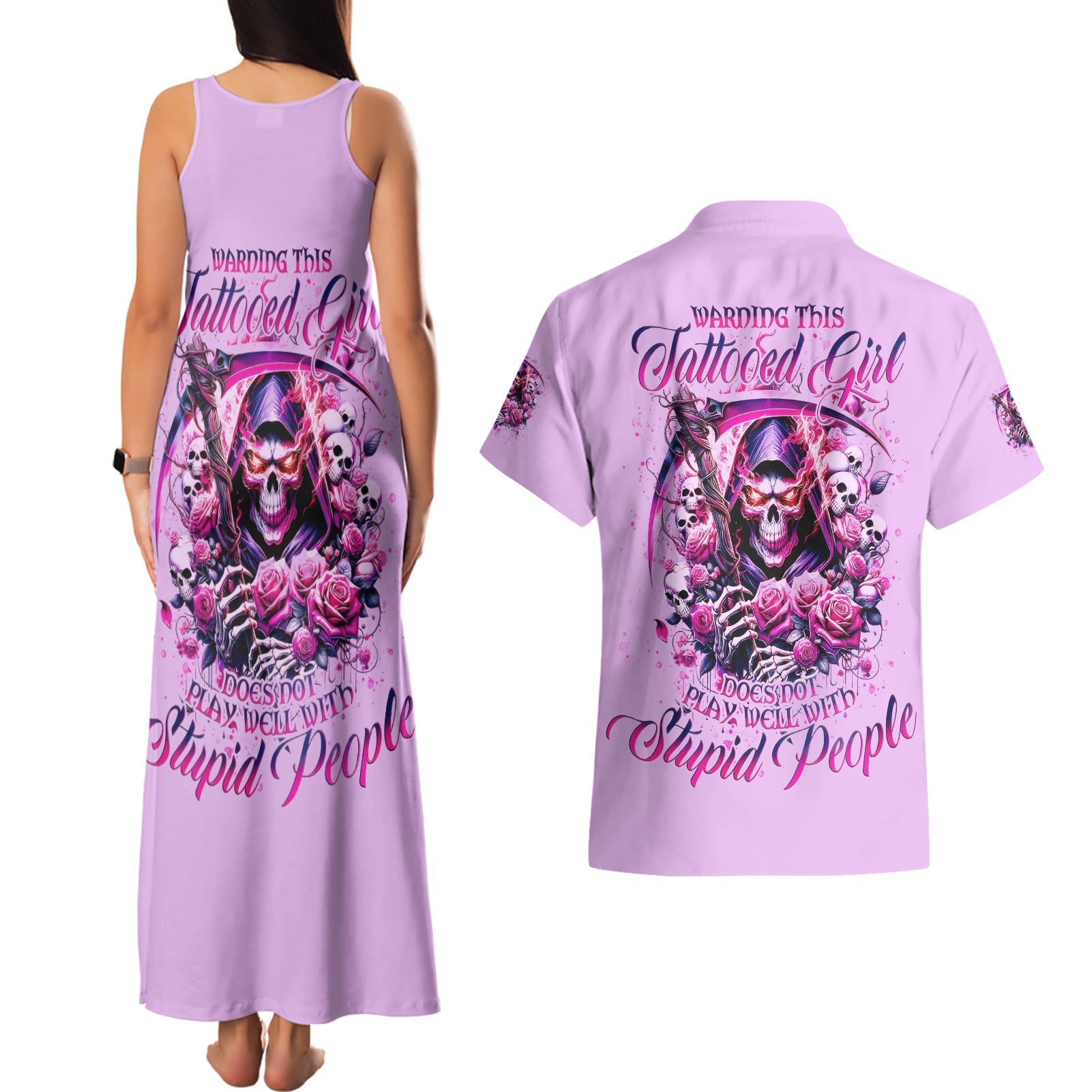 Reaper Skull Couples Matching Tank Maxi Dress and Hawaiian Shirt Warning This Tattooed Girl Doesn't Play Well With Stupid People - Wonder Print Shop
