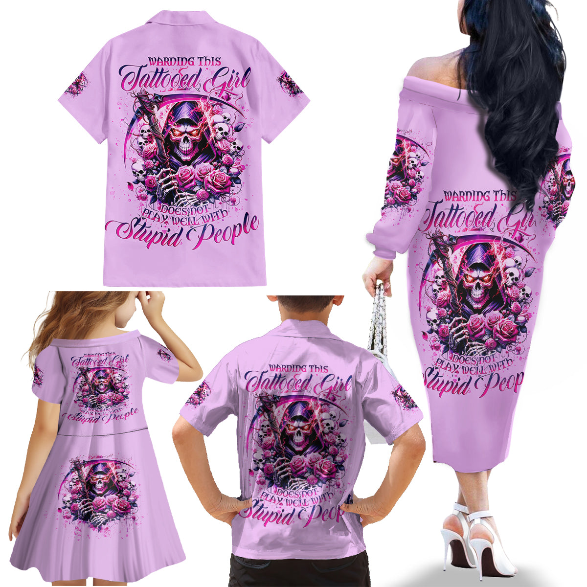 Reaper Skull Family Matching Off Shoulder Long Sleeve Dress and Hawaiian Shirt Warning This Tattooed Girl Doesn't Play Well With Stupid People - Wonder Print Shop