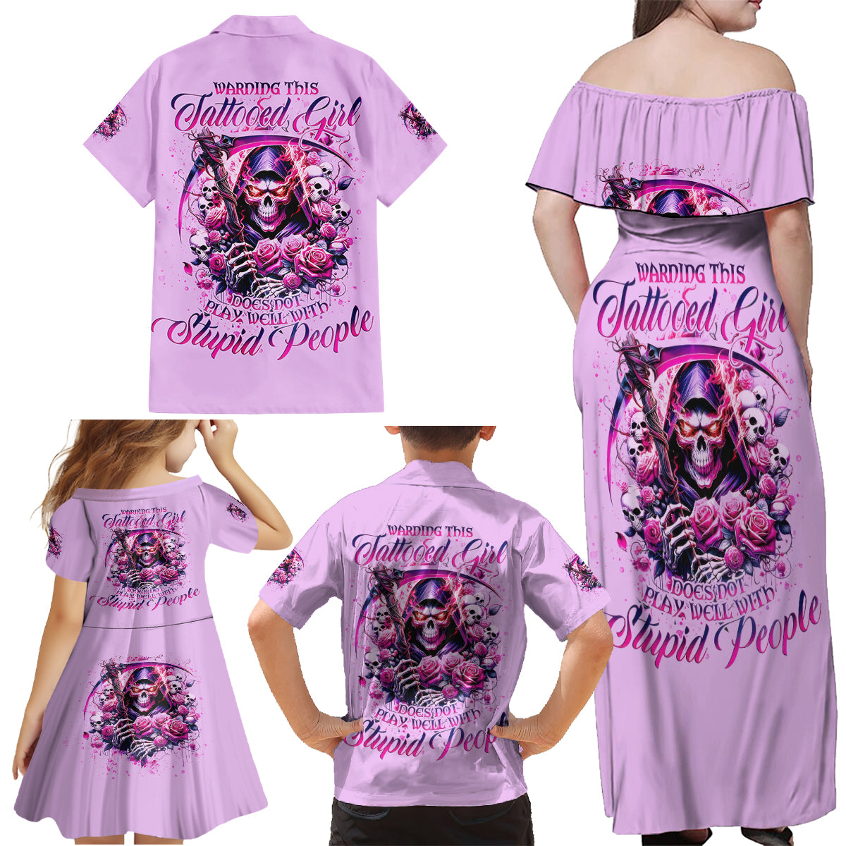 Reaper Skull Family Matching Off Shoulder Maxi Dress and Hawaiian Shirt Warning This Tattooed Girl Doesn't Play Well With Stupid People - Wonder Print Shop