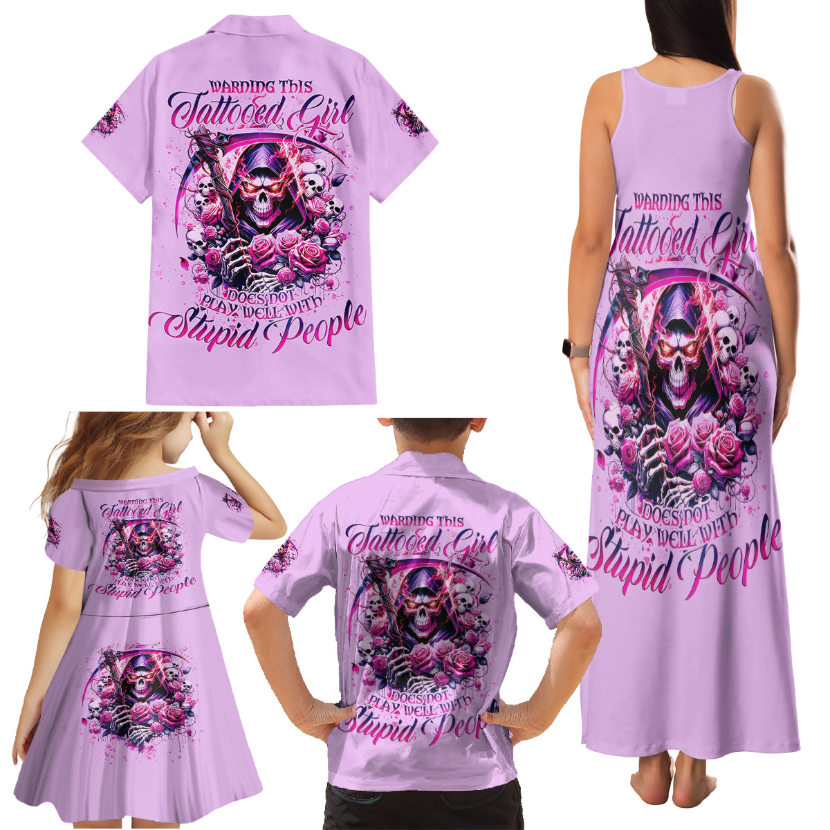 Reaper Skull Family Matching Tank Maxi Dress and Hawaiian Shirt Warning This Tattooed Girl Doesn't Play Well With Stupid People - Wonder Print Shop