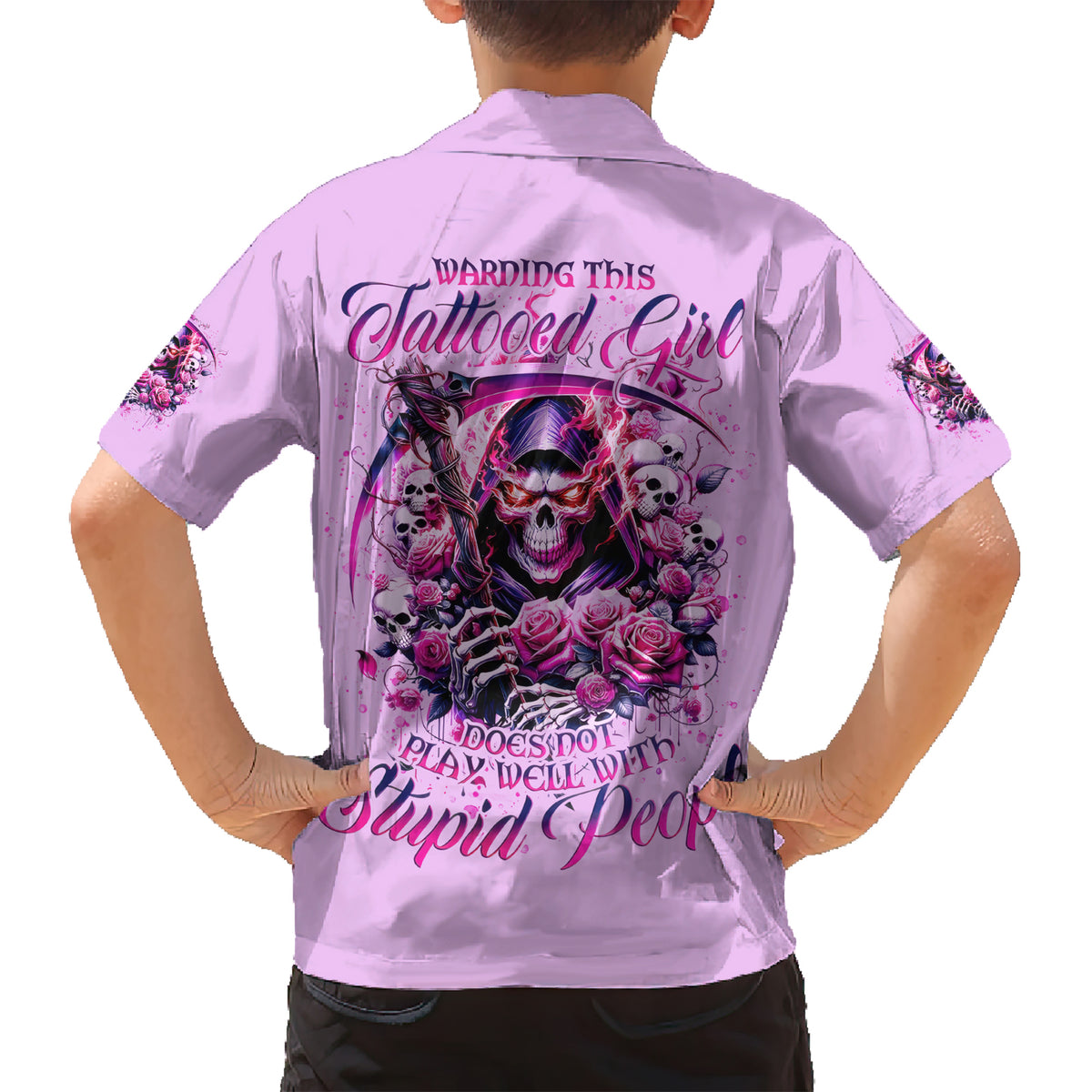 Reaper Skull Kid Hawaiian Shirt Warning This Tattooed Girl Doesn't Play Well With Stupid People - Wonder Print Shop