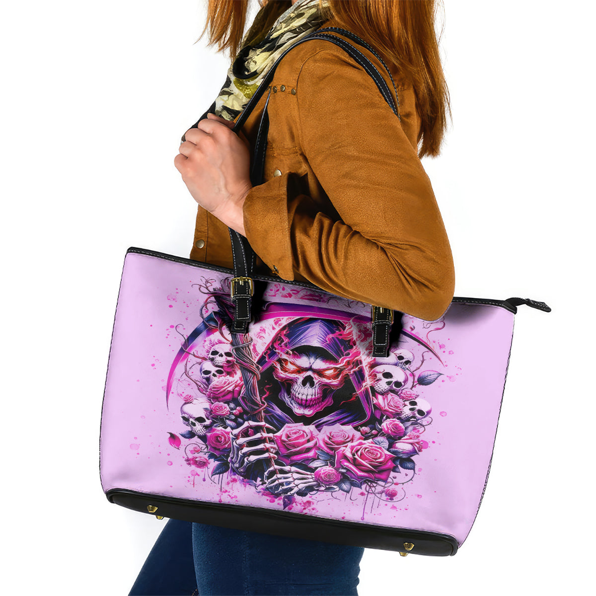 Reaper Skull Leather Tote Bag Warning This Tattooed Girl Doesn't Play Well With Stupid People - Wonder Print Shop