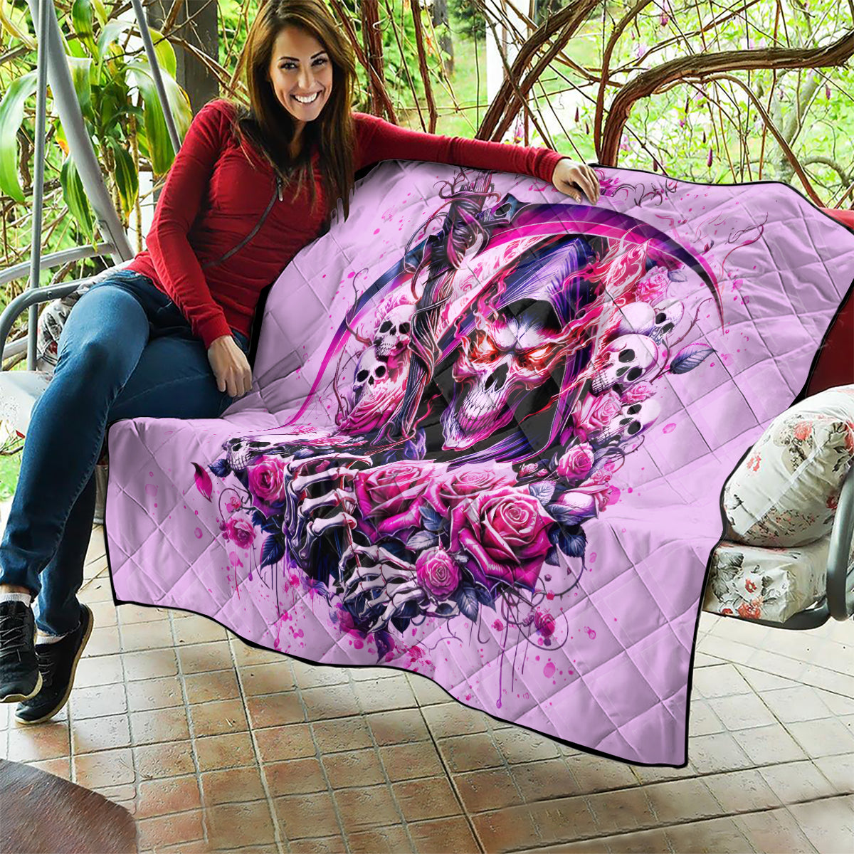 Reaper Skull Quilt Warning This Tattooed Girl Doesn't Play Well With Stupid People - Wonder Print Shop