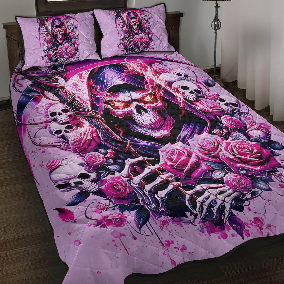 Reaper Skull Quilt Bed Set Warning This Tattooed Girl Doesn't Play Well With Stupid People - Wonder Print Shop